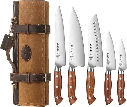 HEZHEN Knife Set,5 Piece Kitchen Chef Knife Set, German High Carbon Stainless Steel, Ergonomic Natural Rosewood Handle with Chef Knife Roll Bag 16oz Oil Waxed Canvas with Cazy Horse Leather, Detachabl