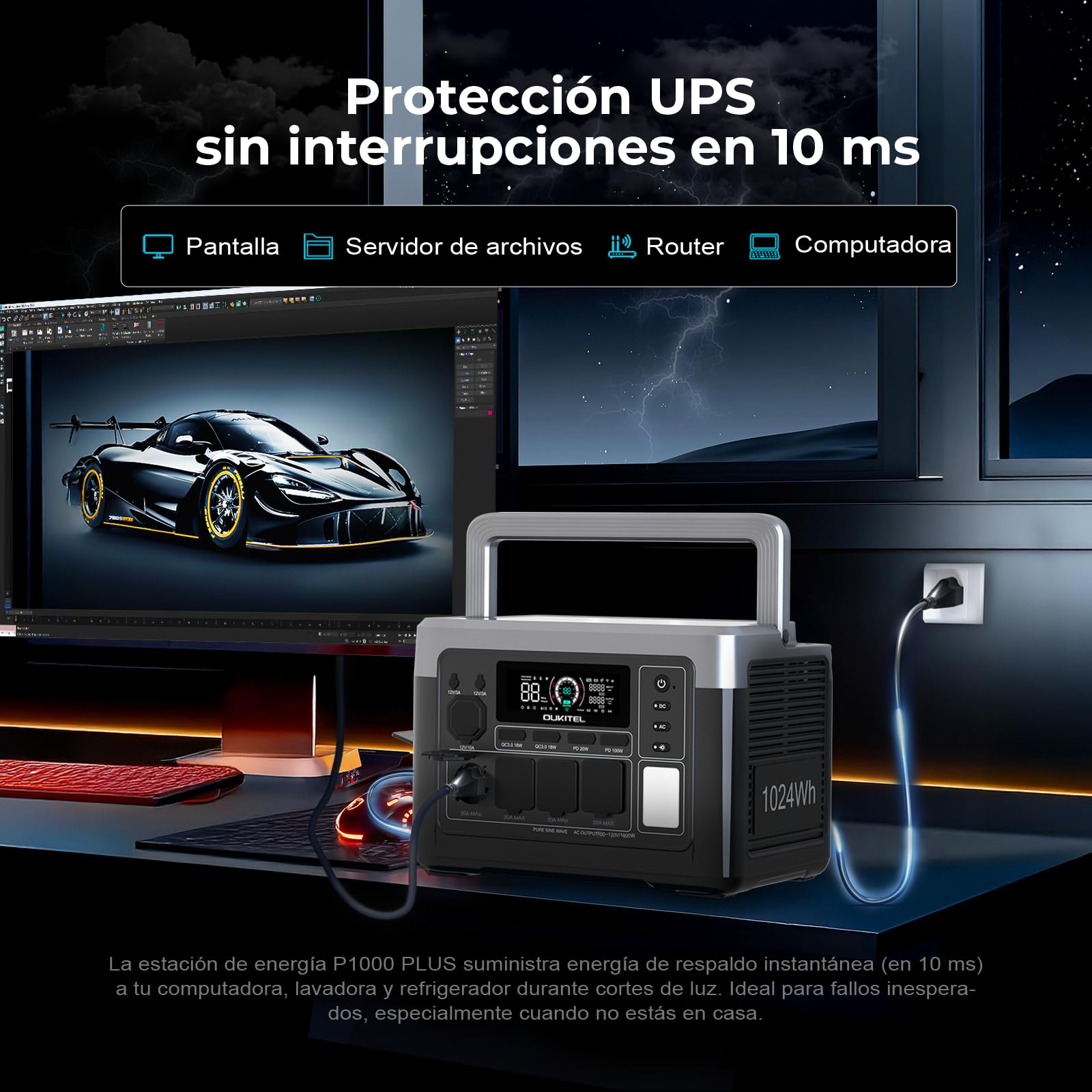 OUKITEL P1000PLUS Estación de Energía Portátil 1800W(Máxima 3600W) con Panel Solar 200W, Generador Solar con Batería LiFePO4 1024Wh, Carga Rápida de 1200 W