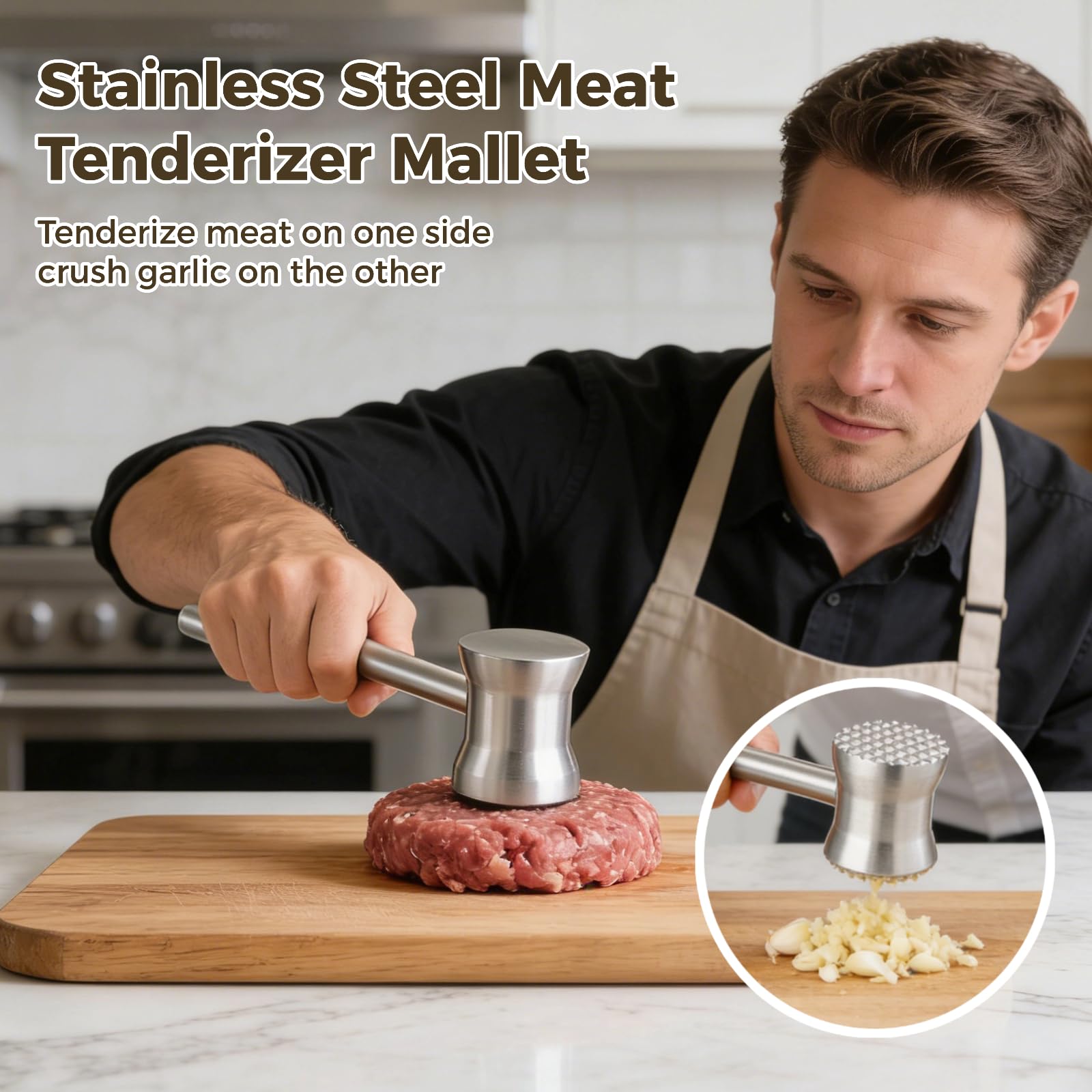 Fleischklopfer aus 304 Edelstahl, 24,5 cm beidseitiger Fleischhammer, ergonomischer Griff, zum Zartklopfen von Steak, Hähnchen und mehr