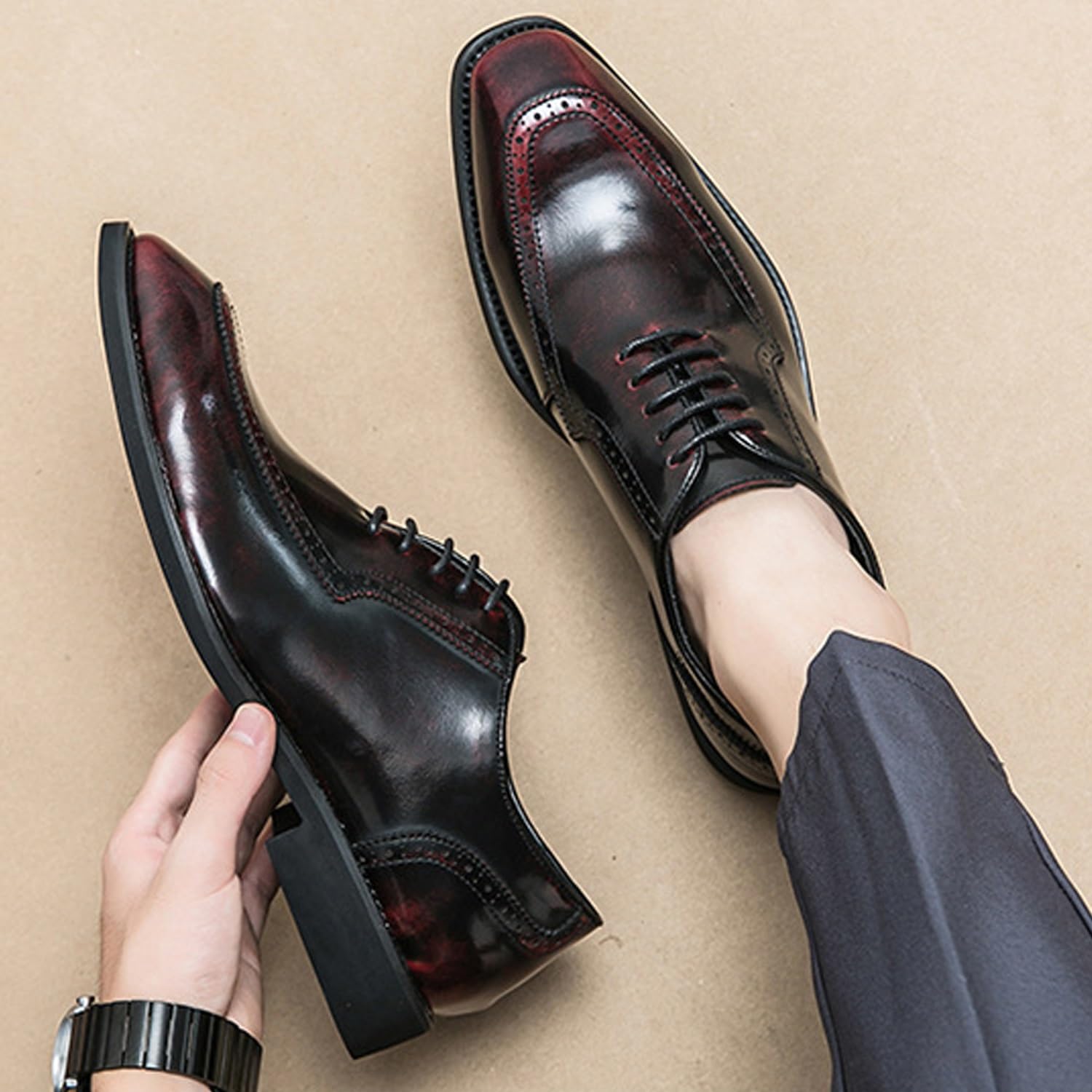 Scarpe da uomo con lacci Oxford punta quadrata Brogue in pelle vegana comoda vestibilità per matrimonio aziendale festa formale