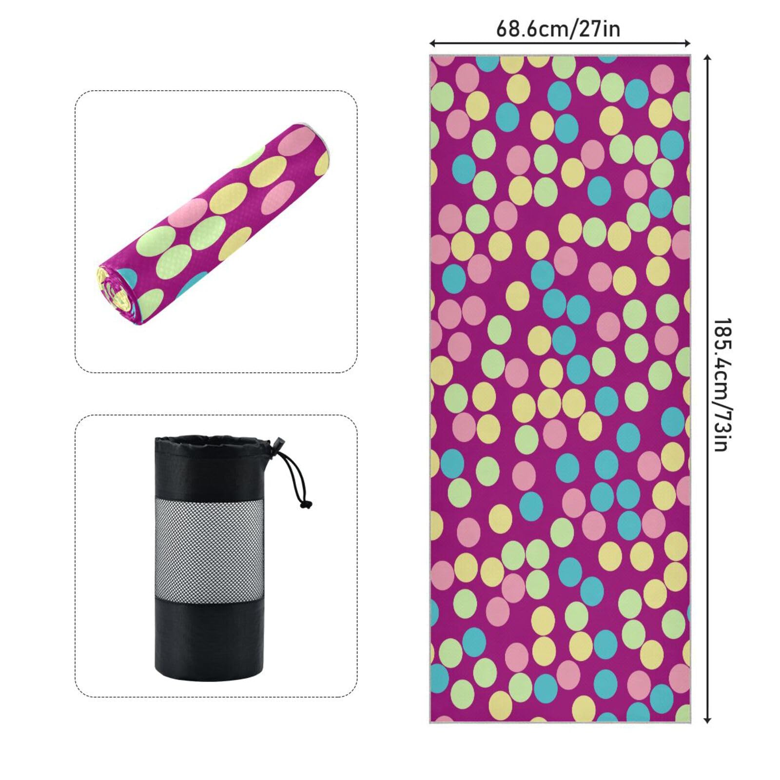pnyoin Colourful Dots on Violet Yoga Towel,Hot Yoga Mat Towel with Grip Dots Sweat Absorbent Non-Slip for Hot Yoga, 24