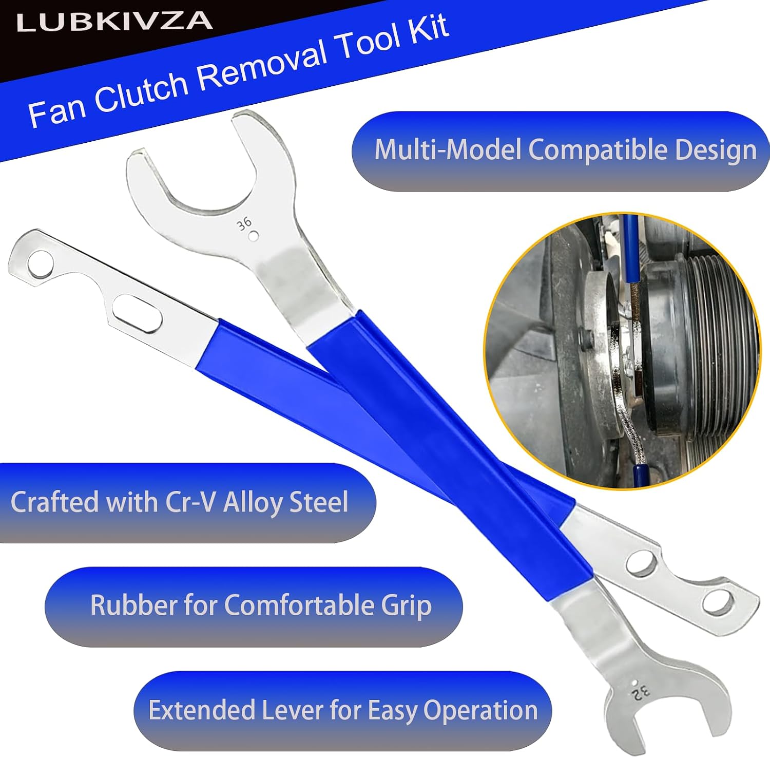 Professional Fan Clutch Removal Tool Kit with 32mm & 36mm Wrench Set and Water Pump Pulley Holder for BMW, Ford, GM, Dodge, Chevrolet, Jeep
