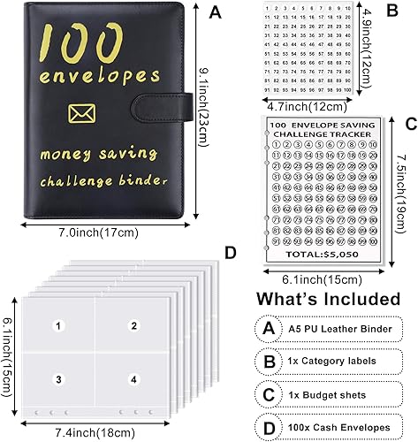 Miniatura 3 de Juego de caja de desafío de 100 sobres, almacenamiento de ahorro de dinero, carpeta presupuestaria de ahorro de efectivo, kit de caja de desafío de