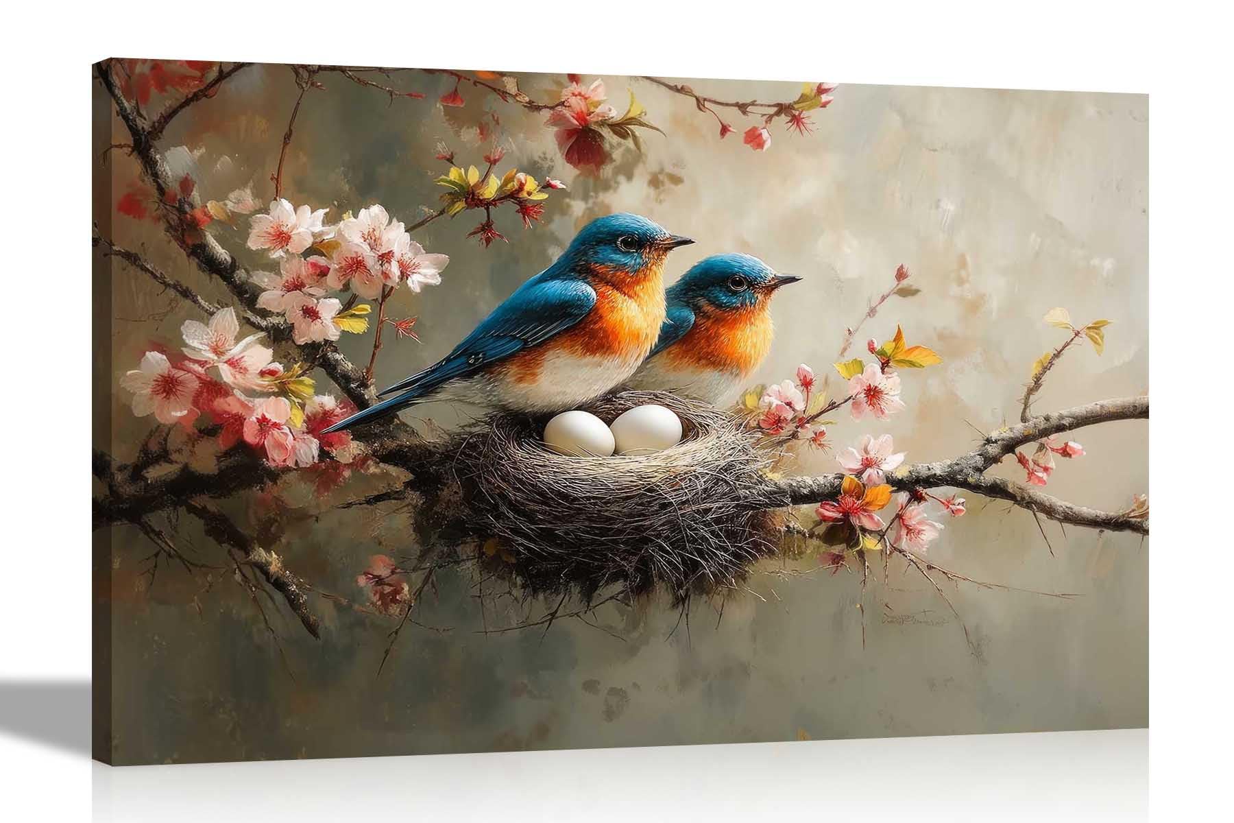 Artley Prints Couple Bird Tree Nest - Nesting Blue Birds On Tree Canvas Prints Flower Wall Art For Hanging Garden Décor Ready To Hang 40 X 30Cm (16 X 12 Inches) A3