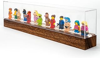 Minifigure Display Case with Acrylic Cap, Mini Action Figure Display Shelf Mini Figure Display Stand Cabinet Storage Box Wooden Display Ledge for Lego Minifigure Display Case (Walnut Stain)