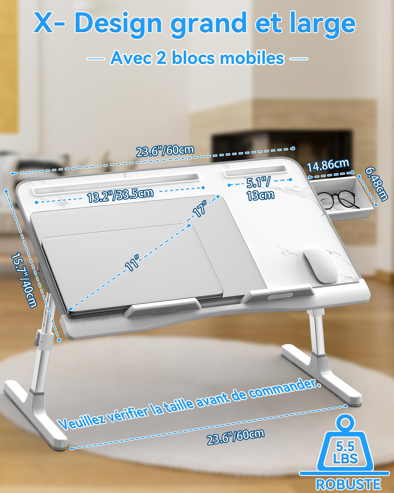 Potuopy Table de lit à Hauteur réglable, Pliable pour Ordinateur Portable, pour Travailler, Lire et Manger sur Le Sol du canapé (Marbre, 60 * 40cm)