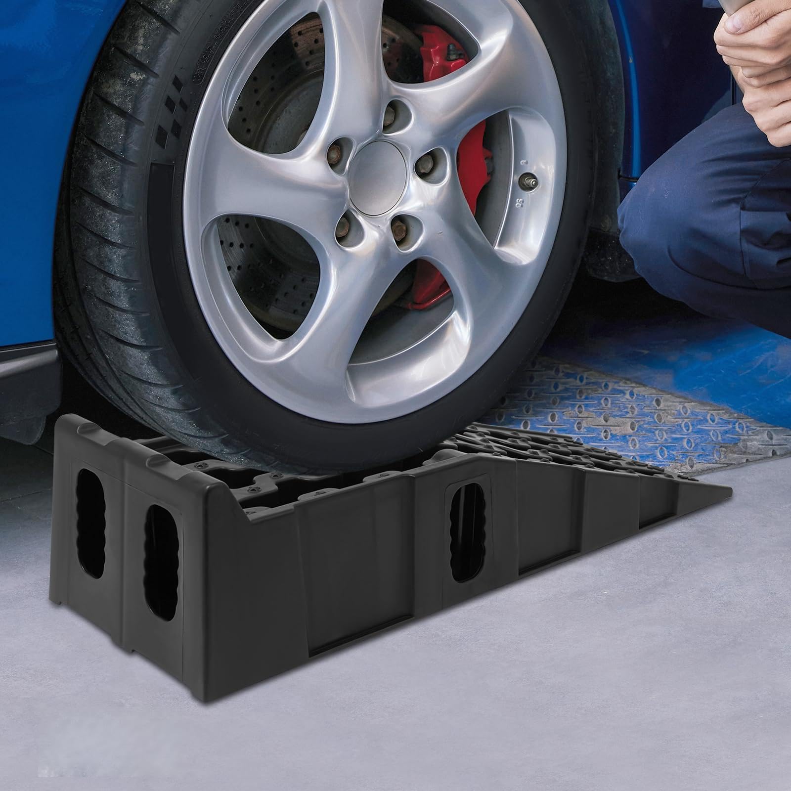 2 rampas de acceso para coche, capacidad de carga de 7257,48 kg por par, cuña de entrada de polipropileno portátil, rampa antideslizante, rampa de acceso para caravanas, remolques, garajes, talleres