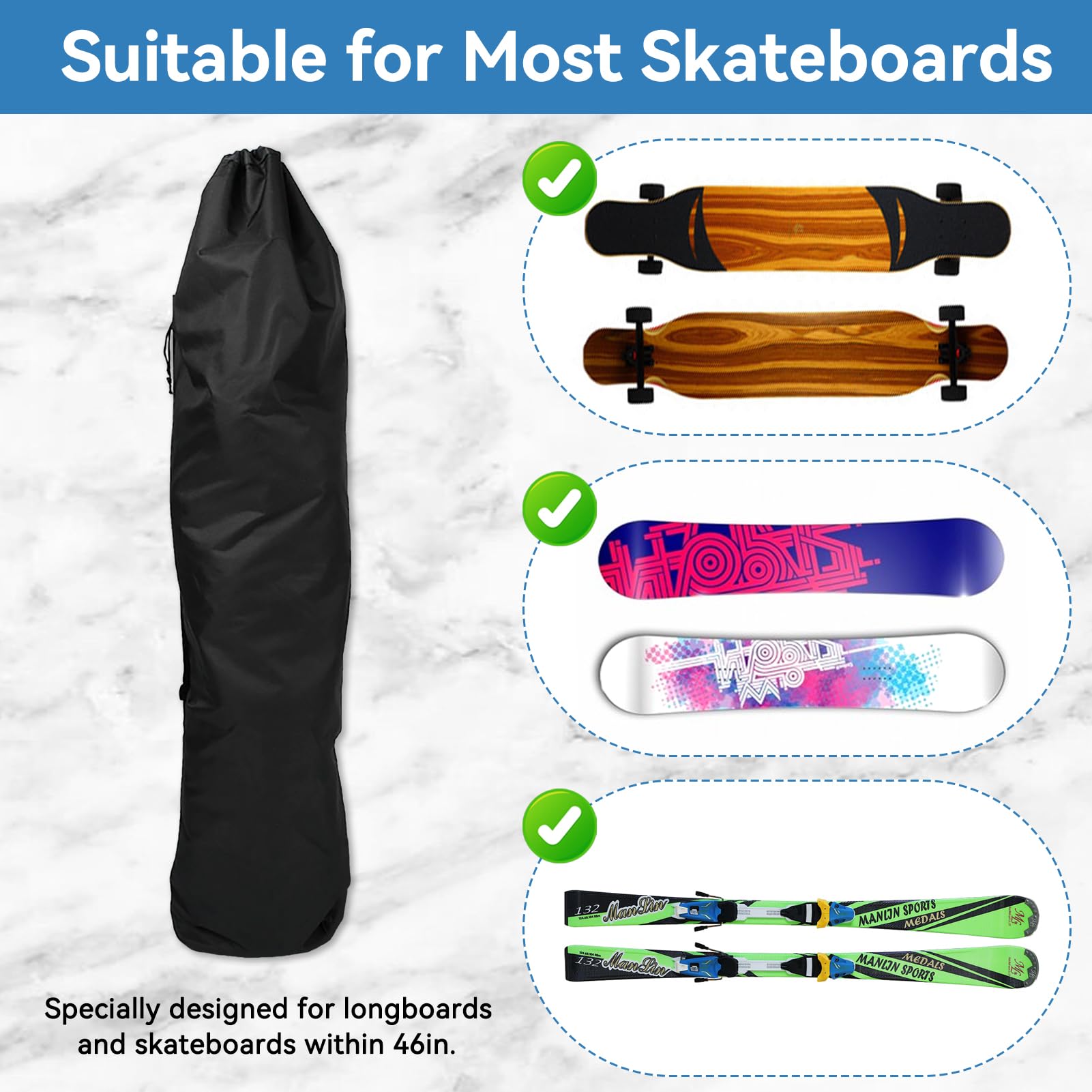 Cyrank Sac à Longboard et Skateboard - Housse De Protection pour Planche à Roulettes et Scooter Électrique Plié en Oxford - 120 X 30 X 15 Cm