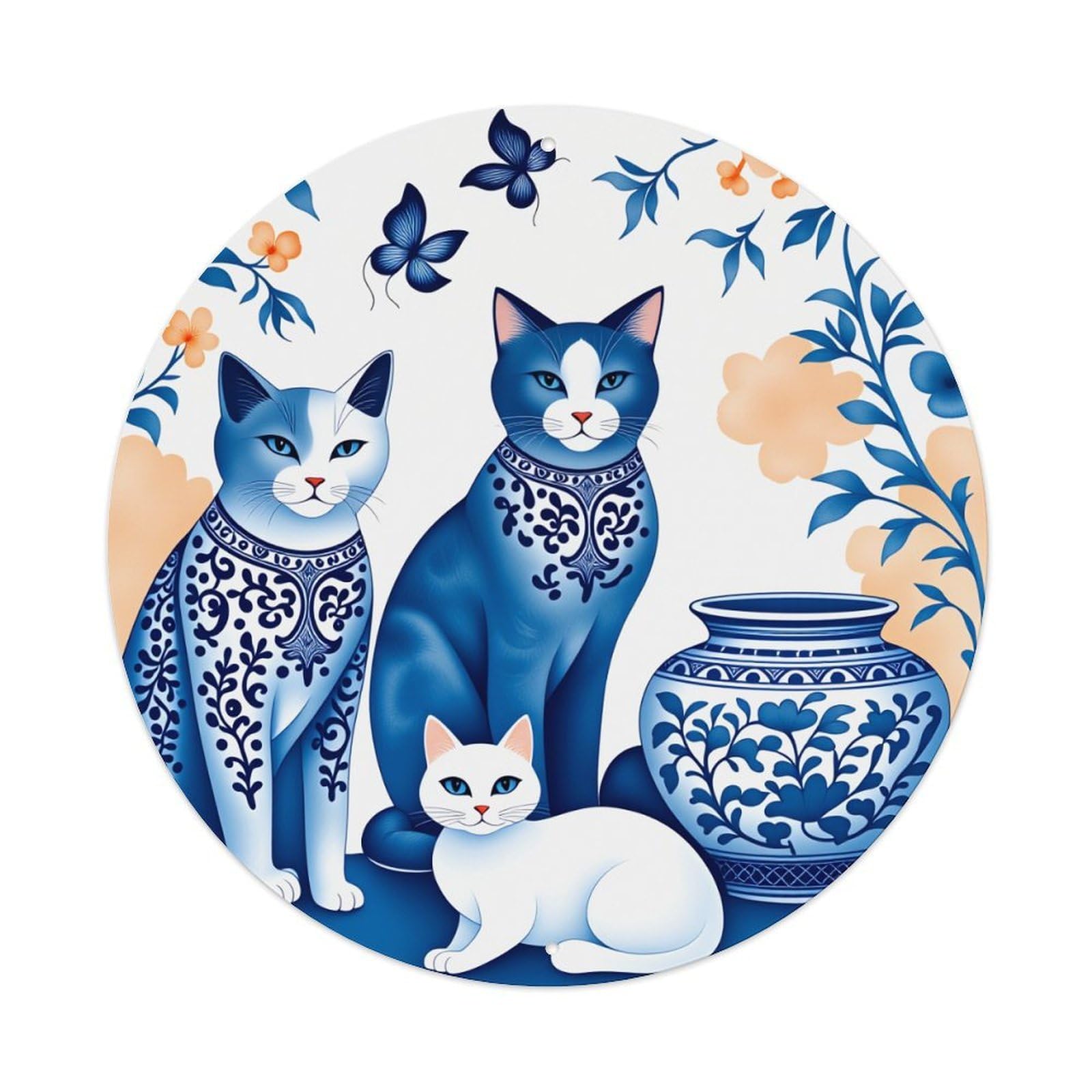 Blue And White Cats Floral Vase Butterflies Pattern Metal Tin Sign Plaque
