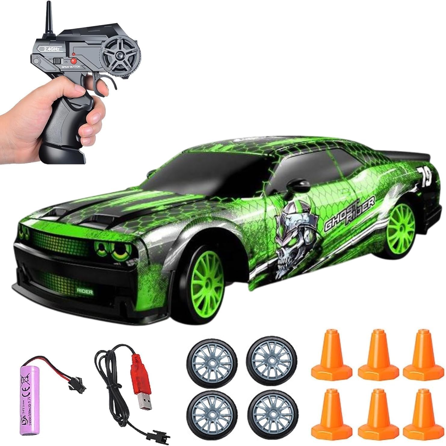 RC Drift Car 2.4GHz 1:24 Scale 4WD Remote Control Car 15KM/H High Speed Drifting RC Cars with Cool Lights,and Extra Tires Toys for Kids Boys Girls Adults(Musstang Multicolor)