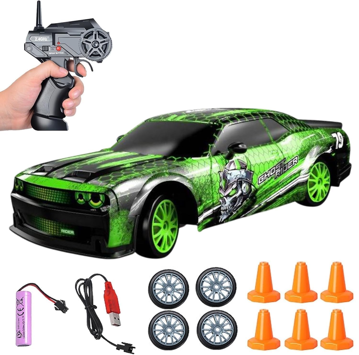 Favrallo RC Drift Car 2.4GHz 1:24 Scale 4WD Remote Control Car 15KM/H High Speed Drifting RC Cars with Cool Lights,and Extra Tires Toys for Kids Boys Girls Adults(Musstang Multicolor)