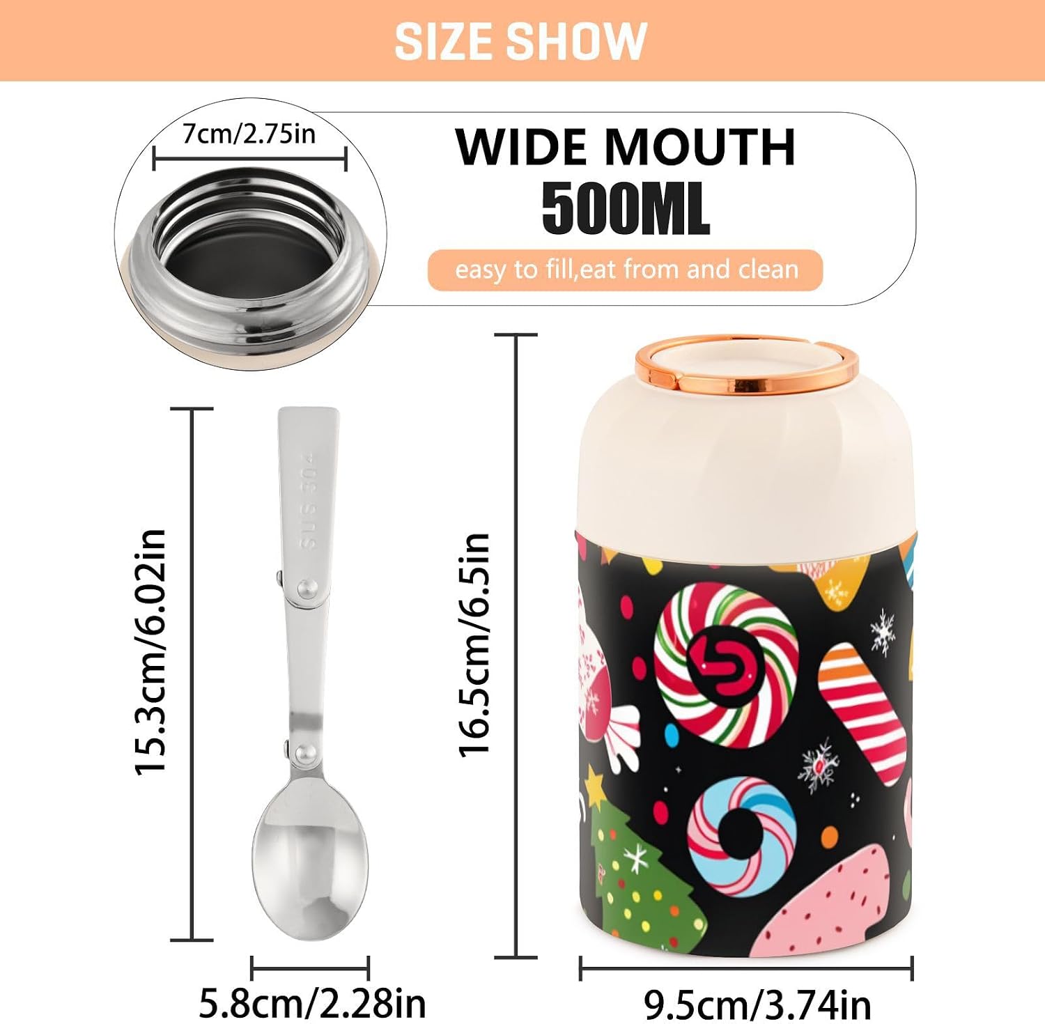 Christmas Candy Stainless Steel Vacuum Insulated insulated lunch box for kids with spoon for boys oatmeal
