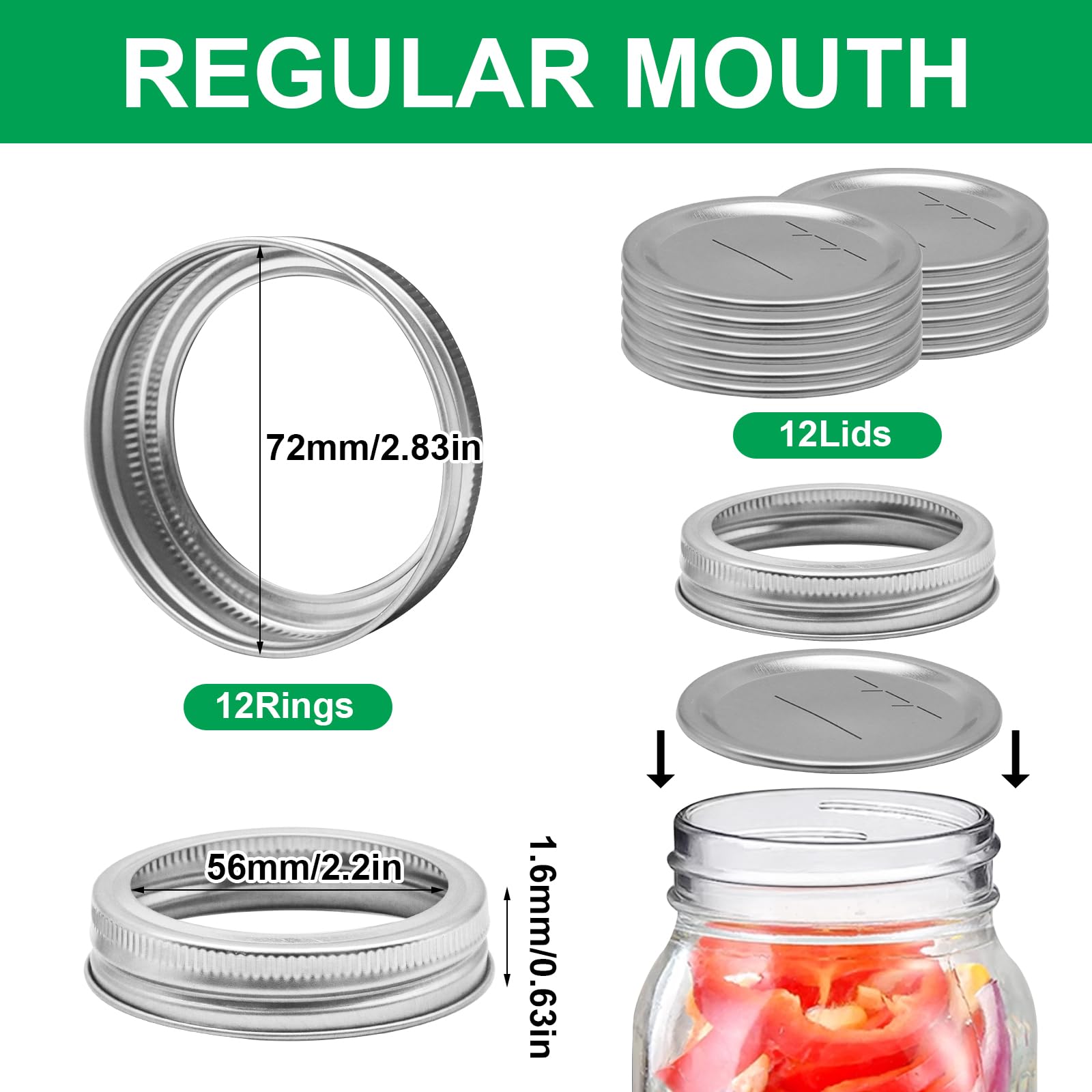Canning Lids with Rings 24Pcs Canning Lids and Bands/Rings for Mason Jar, Ball or Kerr Jars, Split-type Metal Lids with Silicone Seals Rings Leak Proof (12Lids + 12Rings for Regular Mouth Jar)