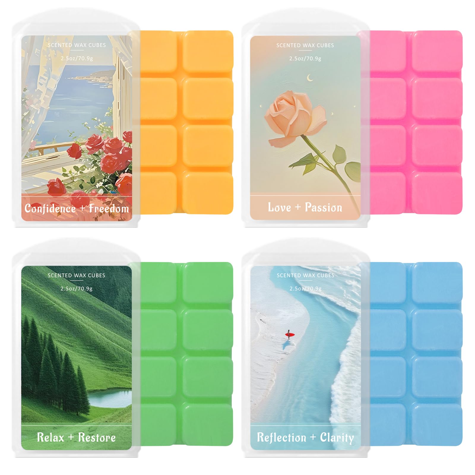 SCENTORINI Wax Melts Soy Wax 4-Pack – Aromatherapy Wax Melt Cubes, Mint, Vanilla, Eucalyptus, Rosewood, – Long Lasting Fragrance Blocks for Home Meditation Bedroom – Premium Gift Set