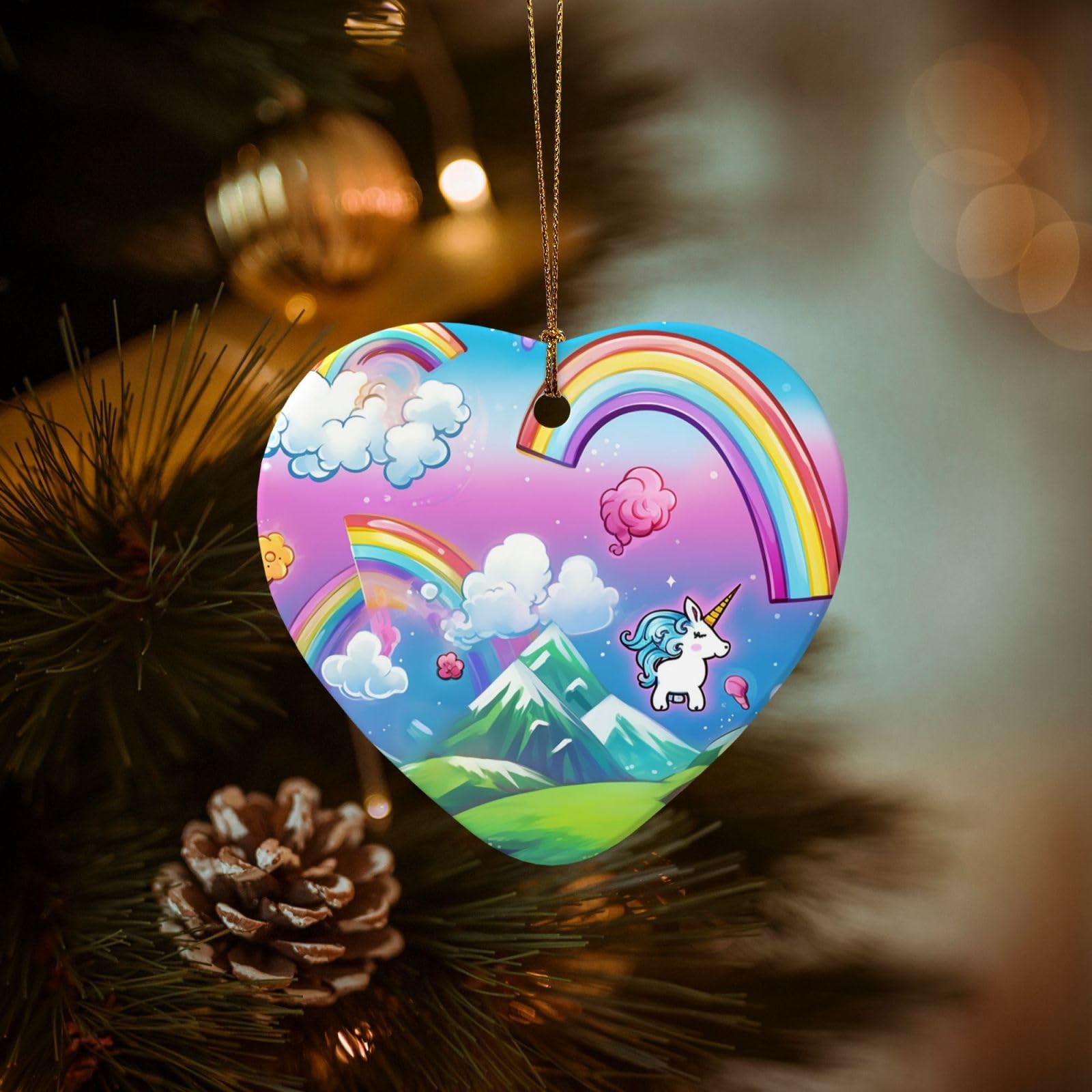 Christmas Tree Ornaments Ceramics Christmas Decorations Rainbow Ornaments with Gold Ribbon Porcelain Xmas Tree Crafts Heart Shape Hanging Pendant for Christmas Tree Party Decor