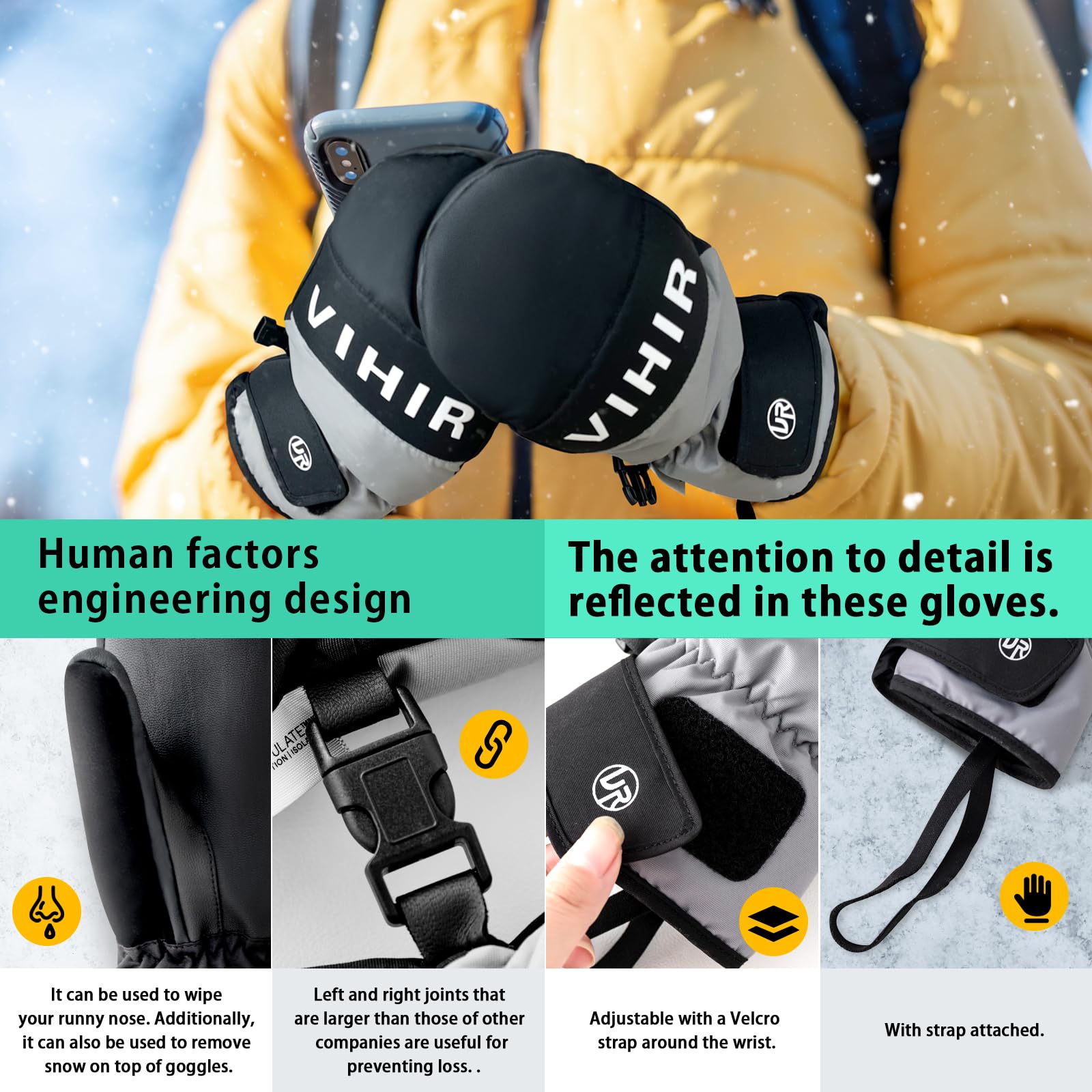 Vihir Guantes de Esquí Impermeable Pantalla Táctil 3M Thinsulate Antideslizantes Hombre Mujer Invierno