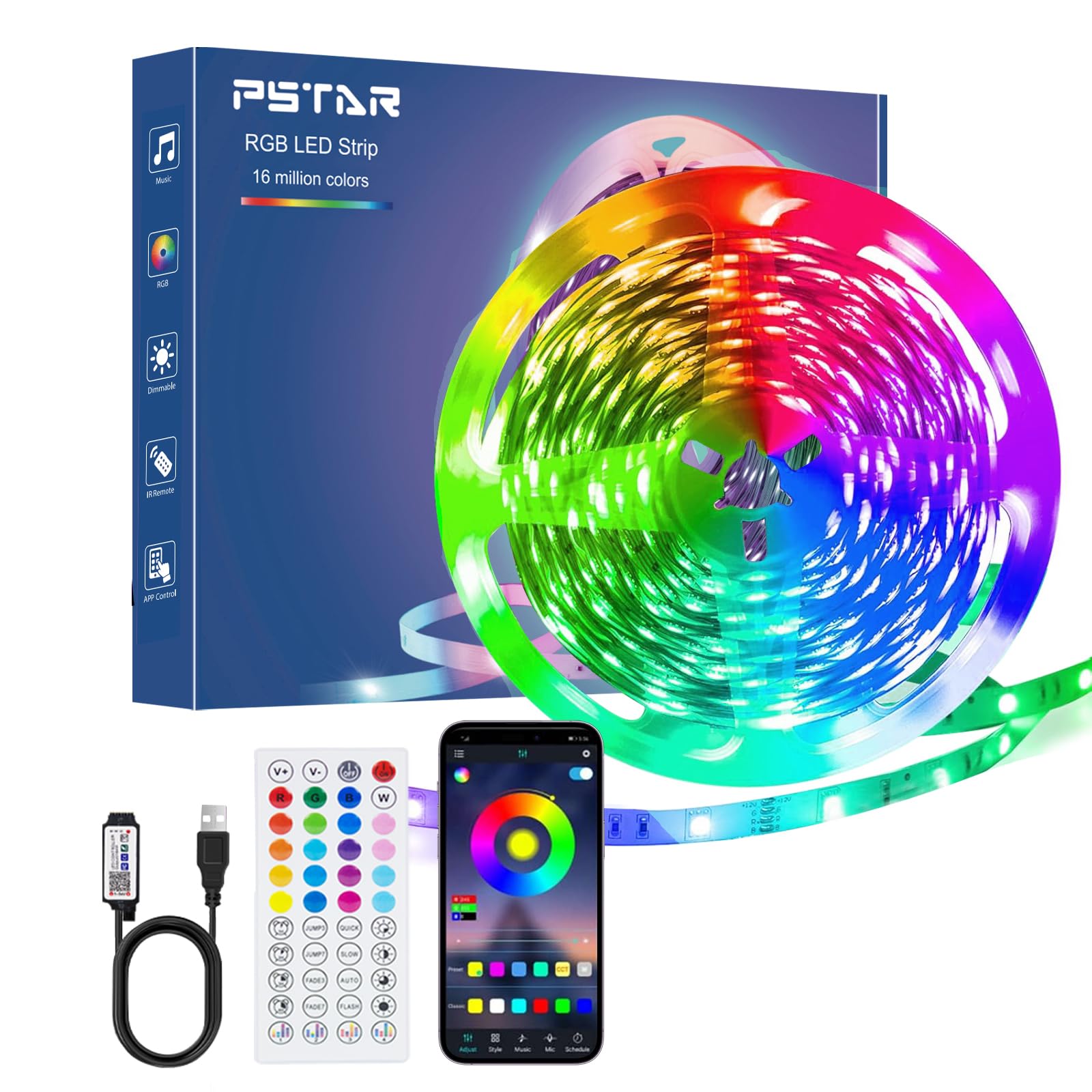 PSTAR LED Strip Streifen 8M, mit Fernbedienung&App&Musik Sync, Bluetooth Smart LED Strip Self-Adhesive, Timer Setting for Gaming Room, Room, Kitchen, Party