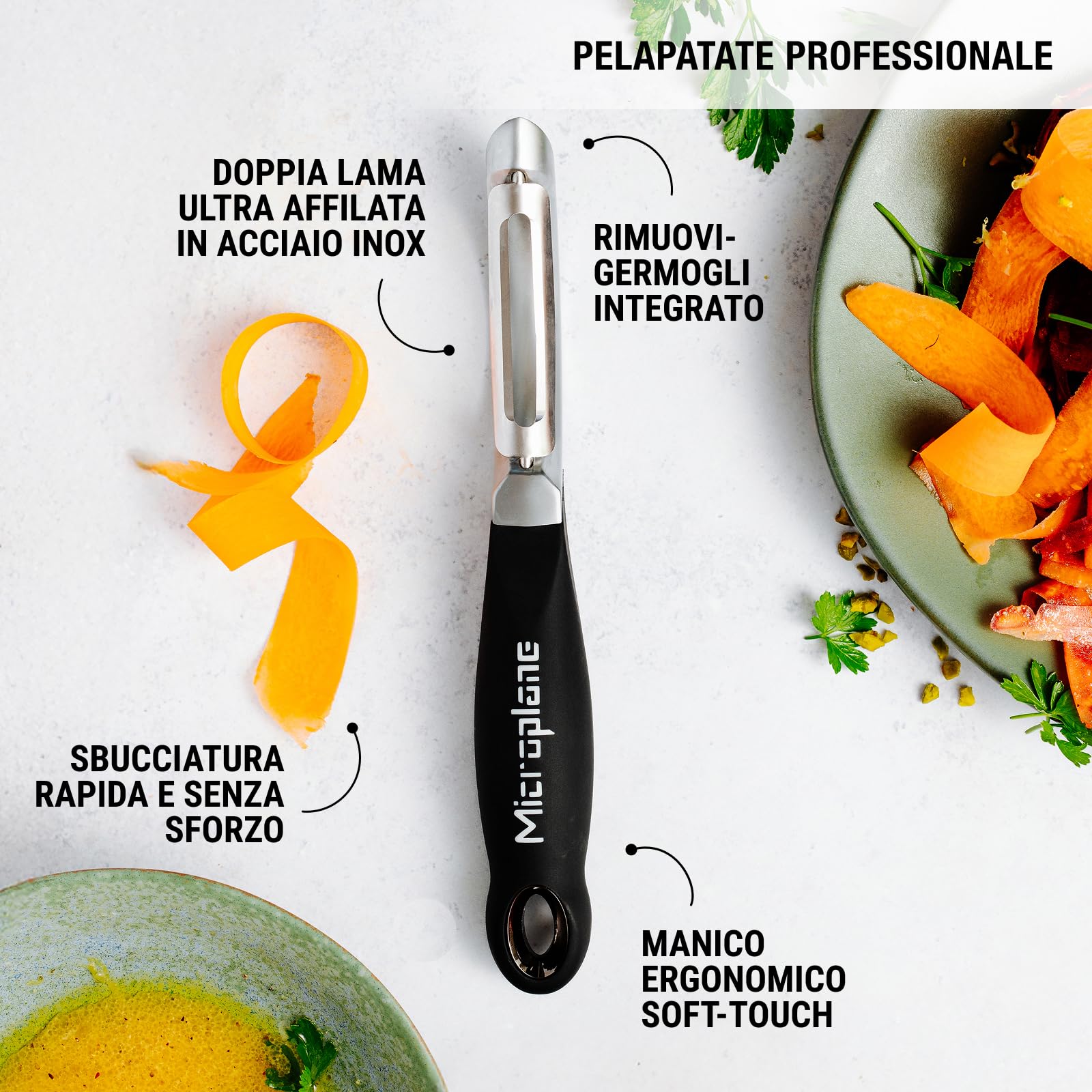 Set regalo Microplane Gourmet 3 pezzi - zester Premium Classic, grattugia ultra-spessa e pelapatate professionale - lame ultra-affilate (USA), manici soft-touch - utensili da cucina ergonomici