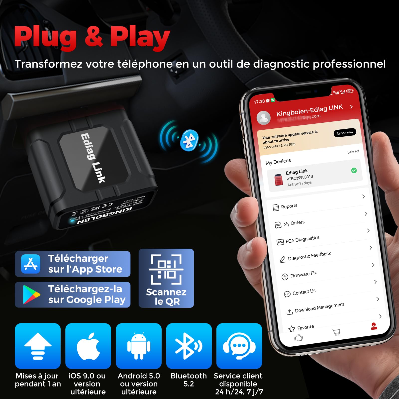 KINGBOLEN Ediag Link OBD2 Samochodowa walizka diagnostyczna, dwukierunkowy system do wszystkich systemów diagnostycznych wielu marek, 10+ funkcji resetowania, kontrola emisji spalin, instrukcja