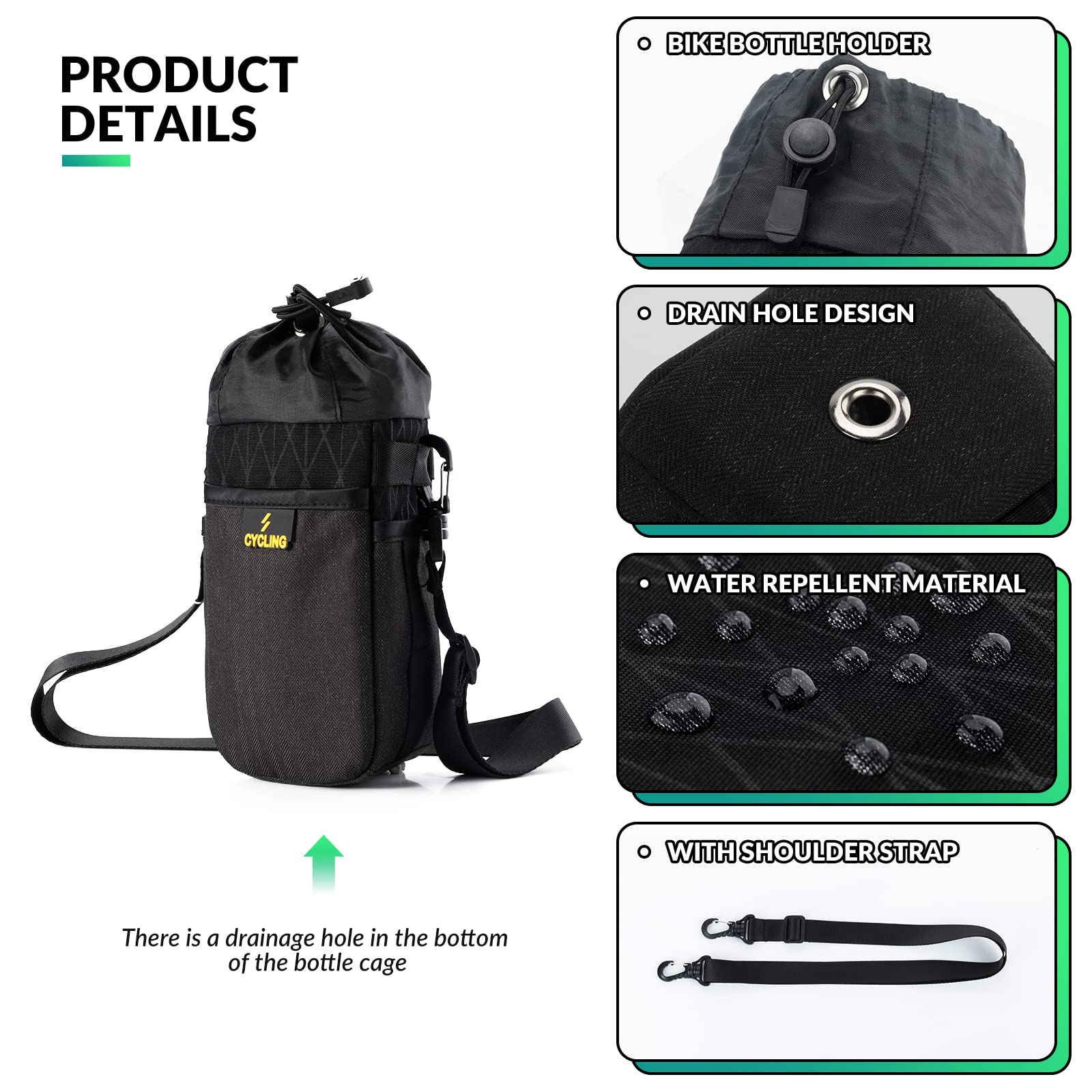 ROCKBROS Portabidón Manillar Bicicleta 1L, Bolsa de Botella de Agua Universal Portabotellas para MTB Ciclismo Cochechito | Instalación sencilla sin tornillos, apto para botellas y latas, estructura fija estable, compatible con MTB