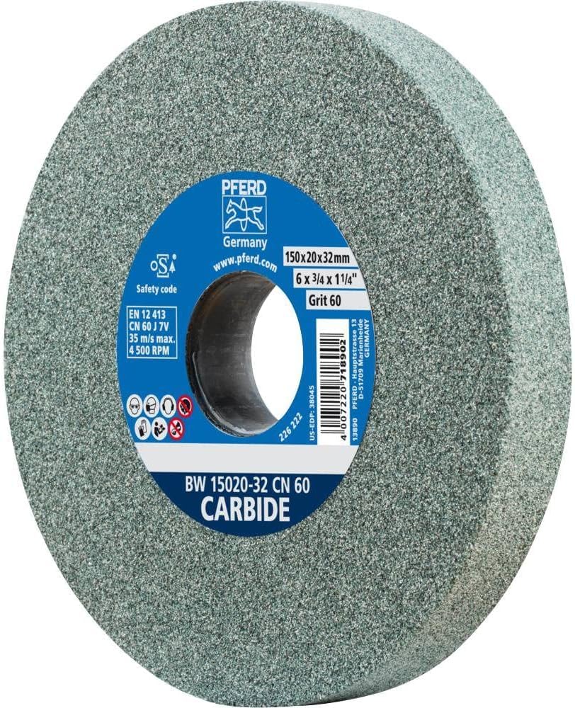 PFERD TOOLS Schleifbockscheibe CARBIDE, 150x20x32, SiC 60, 39008570 – Weiche, aggressive Schleifscheibe für harte Materialien, z. B. Hartmetall, mit Reduzierhülsen (25/20/16mm)