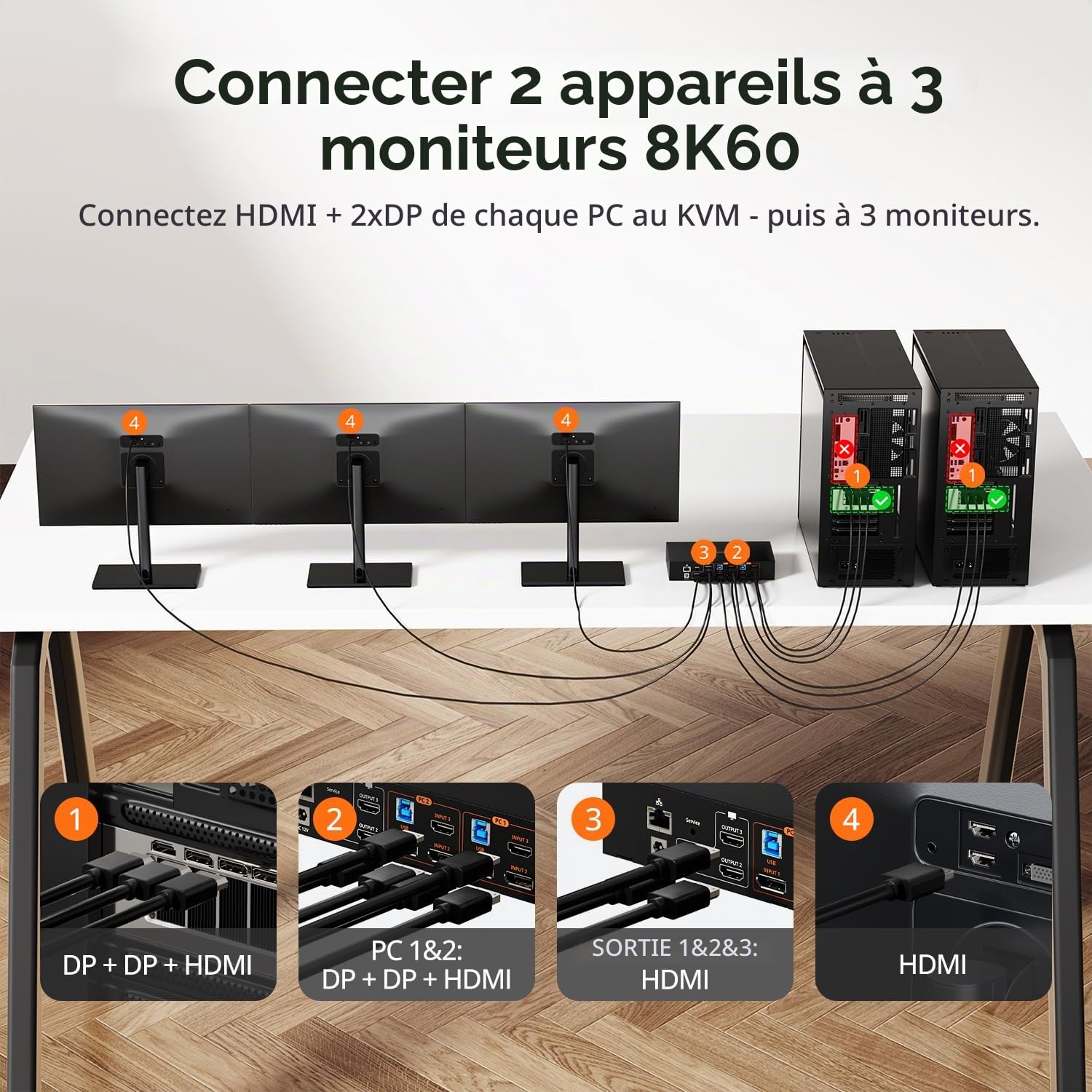 TESmart Pack KVM HDMI+DP 8K@60Hz 2 PC 3 Moniteurs + Câble HDMI 2.1 Fibre Optique 10 m, 48 Gbit/s, 4K@144Hz, USB 3.0, EDID, Réseau Gigabit, HDCP 2.3