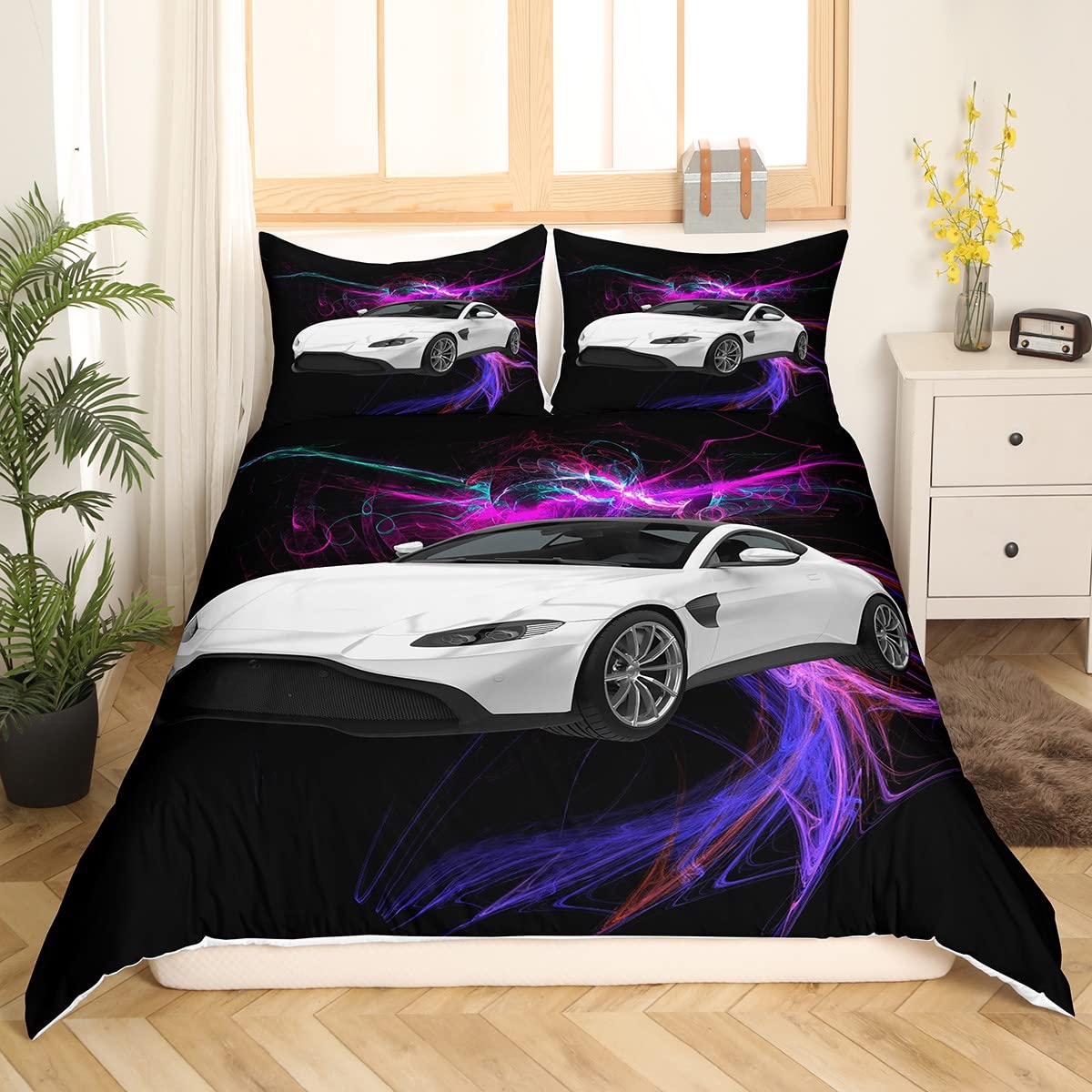 Car Duvet Cover Sports Car Bedding Set for Kids Boys Girls Extreme Sports Comforter Cover Car Sports Competition Bedspread Cover Purple Automobile Style Single Size Quilt Cover 2Pcs - Image 2
