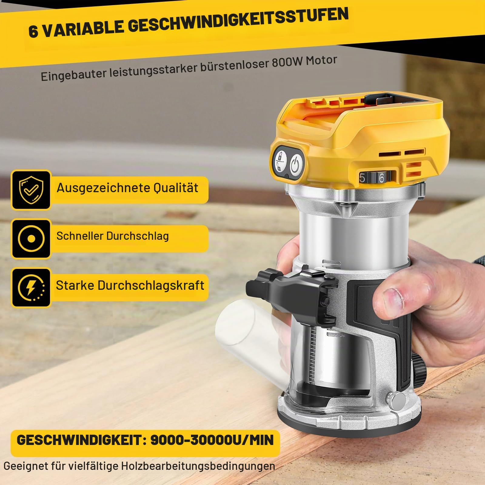 Akku Oberfräse kompatibel mit Dewalt DCB 18V-20V Akku, 800W Oberfräse