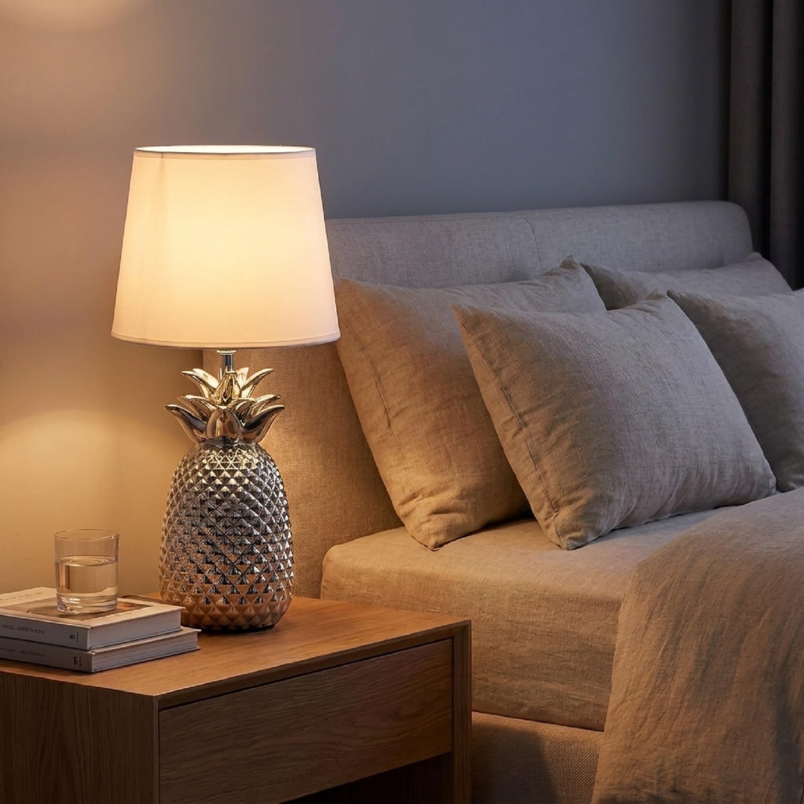 Aigostar 197209 - Lámpara de Cerámica, casquillo E14. Forma de piña, Plateado. Lámpara de Mesa o Mesita de Noche, Pantalla de Tela, Lámpara Escritorio Diseño moderno para Dormitorio, Estudio, Salón
