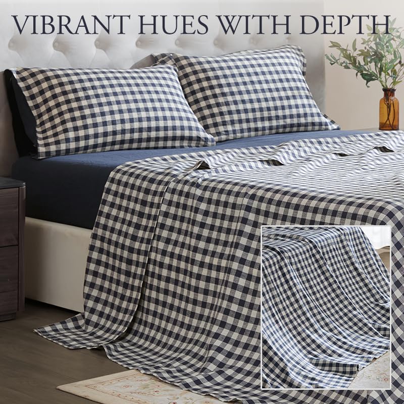 DAPU Linen Sheets Queen,Yarn Dyed Gingham Check Plaid 100% Washed Linen Bedding with Envelope Closure,4 PCs Soft Linen Sheets Set,Geometric Checkered Pattern in Navy Blue & White,Queen Size