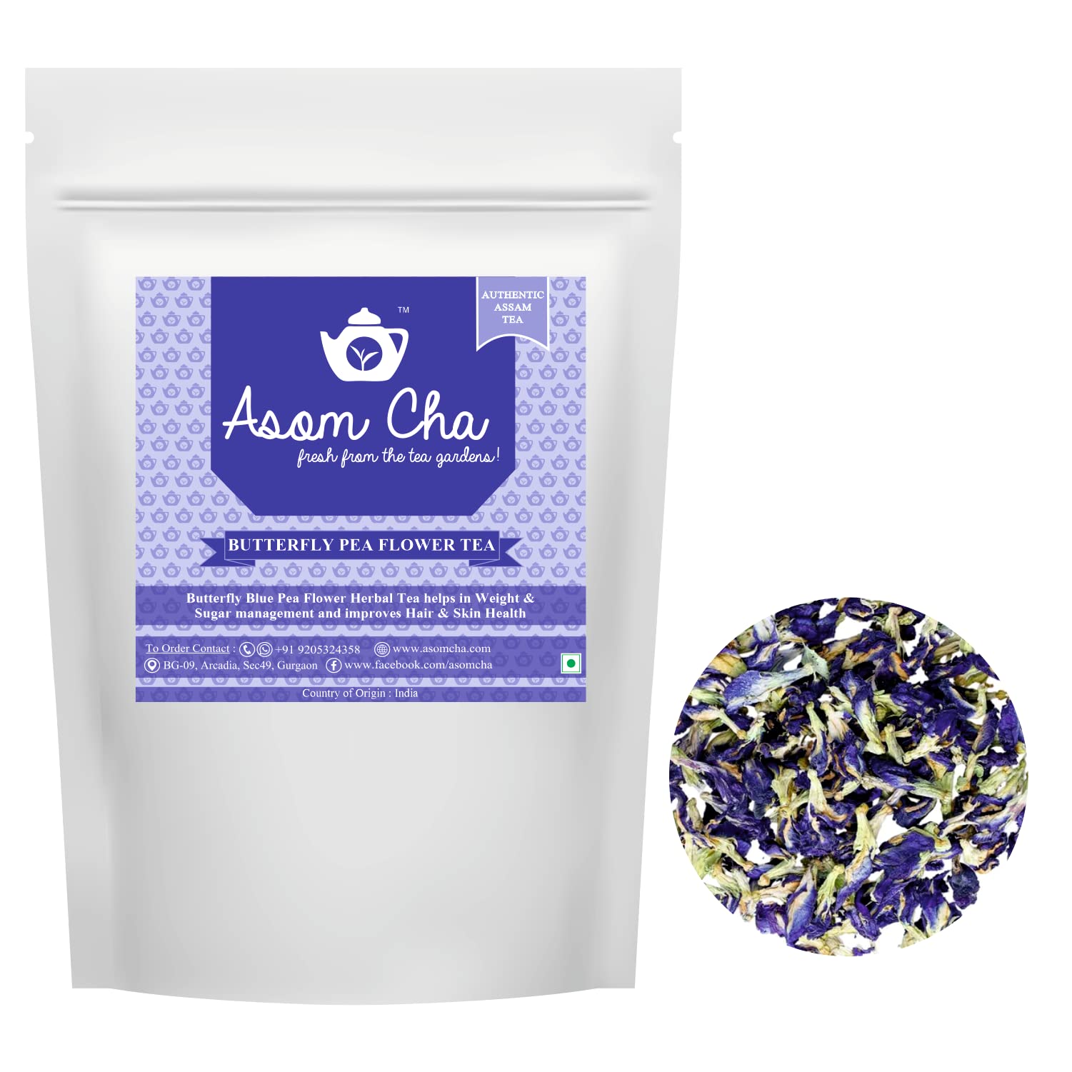 Asom Cha Blue Pea Tea | Premium Natural Dried Butterfly Blue Pea Flower | Boost Immunity and Metabolism| No Preservative| Blue Tea for Healthy Skin| Weight-loss| Caffeine-free Pack of 1 | 100g