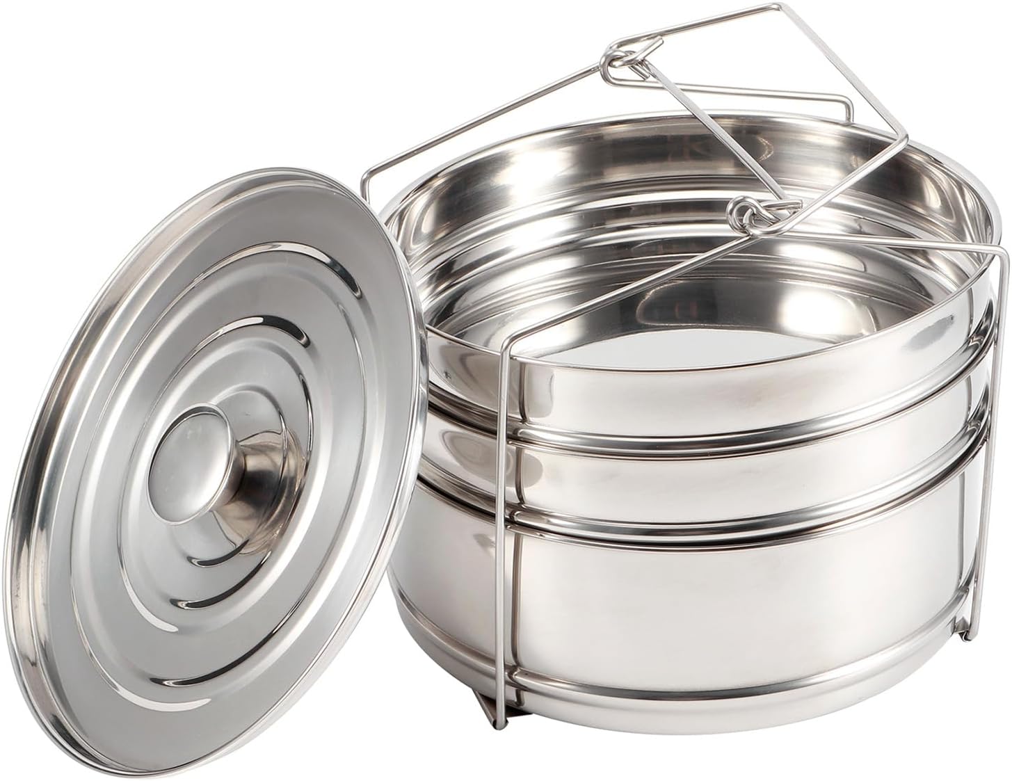 3 Tier Stackable Stainless Steel Pot, Food Basket Set, Pressure Cooker Accessories with Secure Fitting Lid, Multi Purpose for Vegetables, Meat, Fish, Desserts