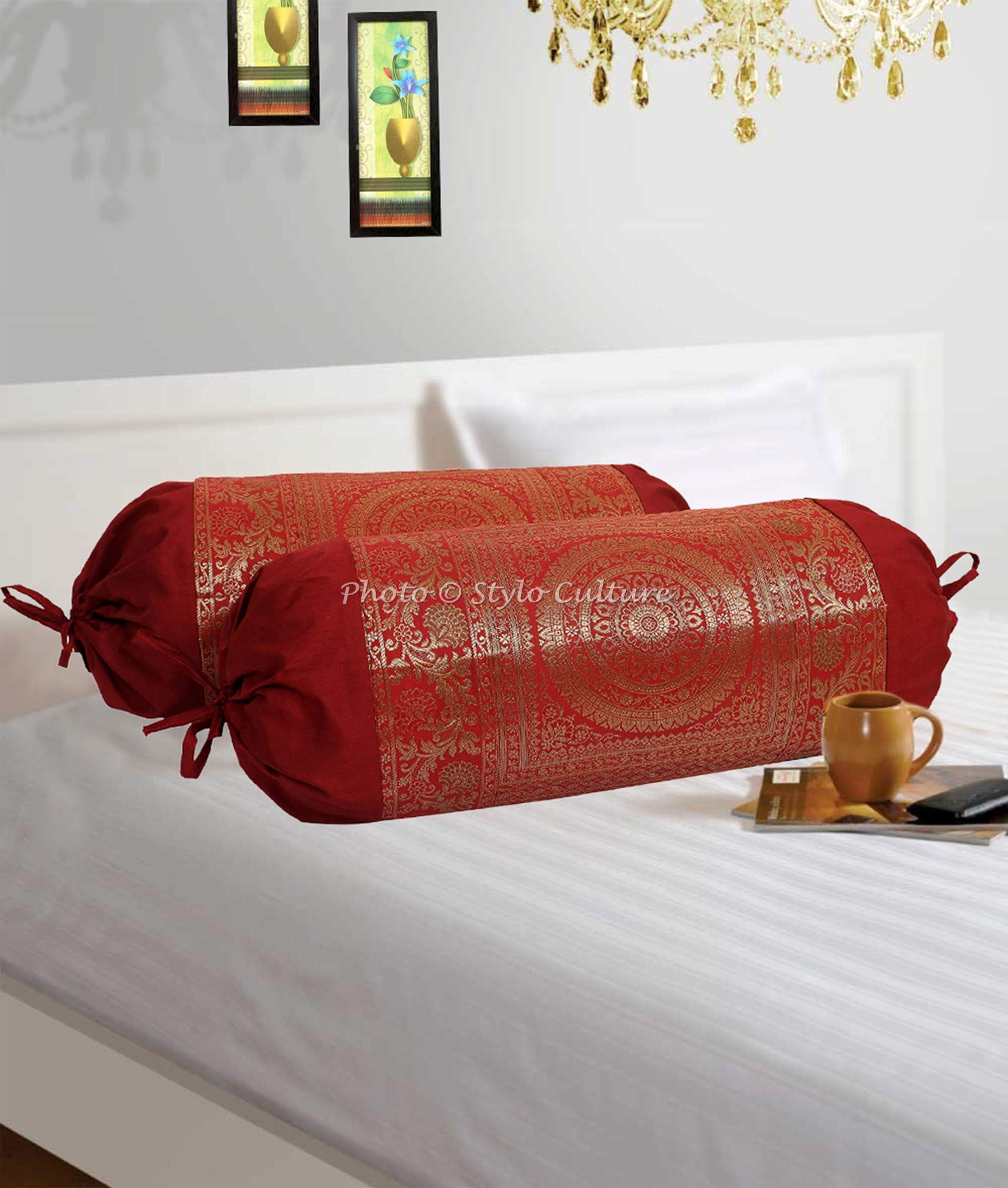 2 Fodere Per Cuscino Cilindrico Yoga – Polydupion Arancione Con Bordo Jacquard Mandala – Cuscino Bolster 76x38 Cm – Copertura Per Relax E Arredamento