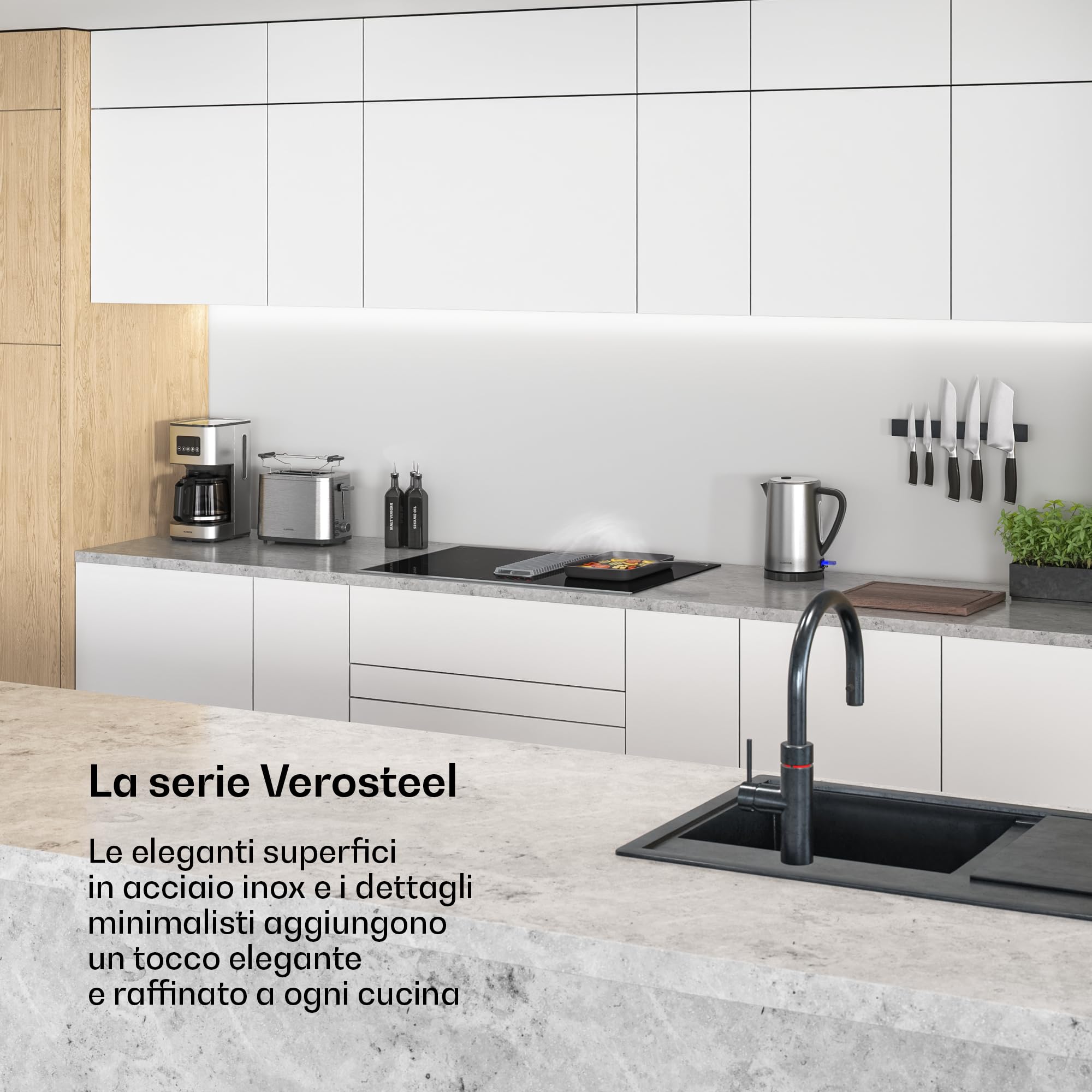 Klarstein Verosteel Piano Induzione con Cappa Integrata - 80cm, 4 Zone, 7400W, Touch Slider, Timer, Blocco Bambini, Vetro Nero, Cappa 590 m³/h, Piano Cottura Integrata