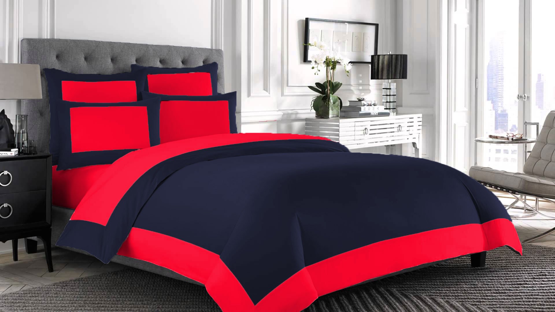 Funda edredón de algodón egipcio 600 hilos tamaño King reversible textil azul marino rojo