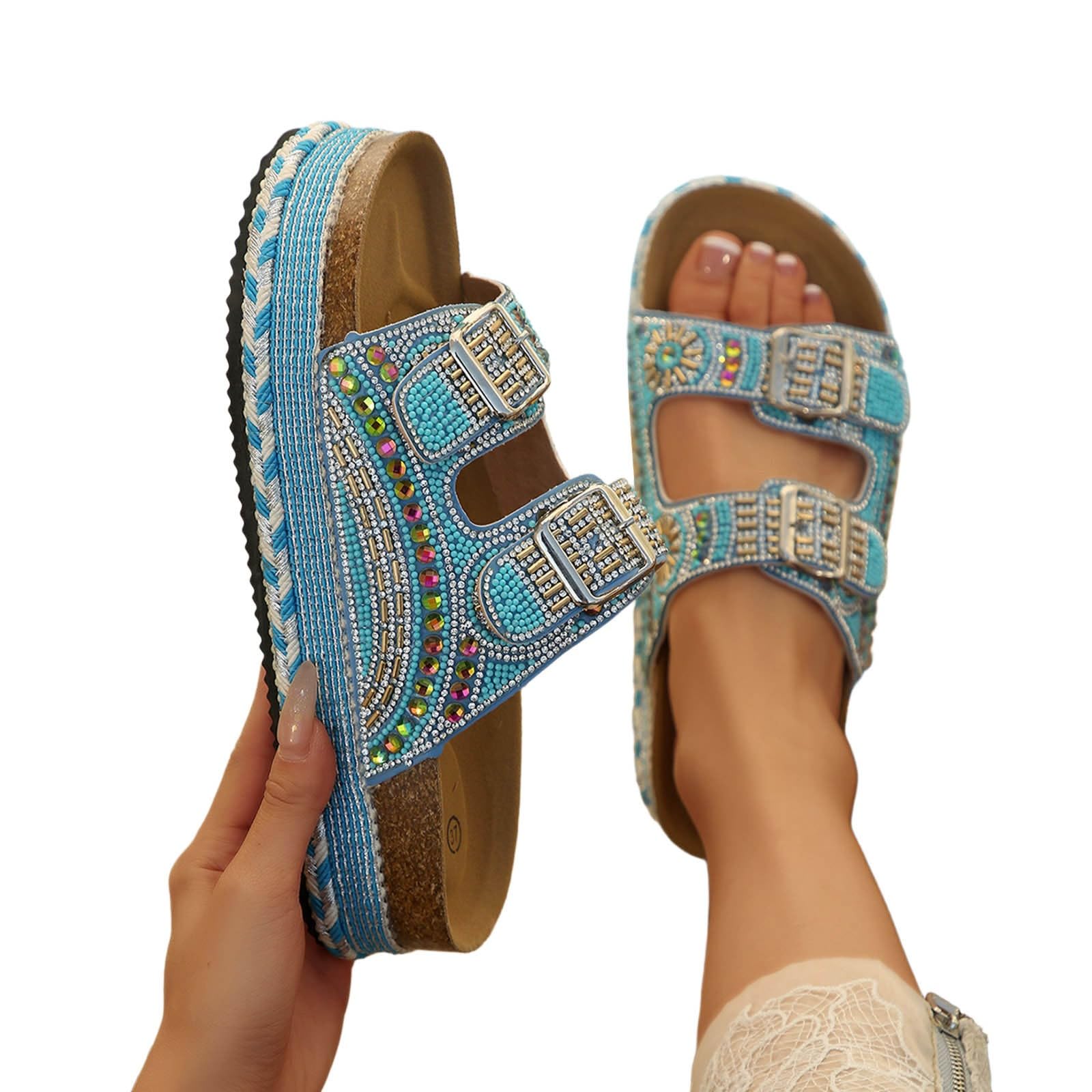 2027 Mules - Zuecos Brillantes para Mujer, Sandalias Coloridas con Plataforma de Diamantes de imitación, Zapatos de Playa cómodos