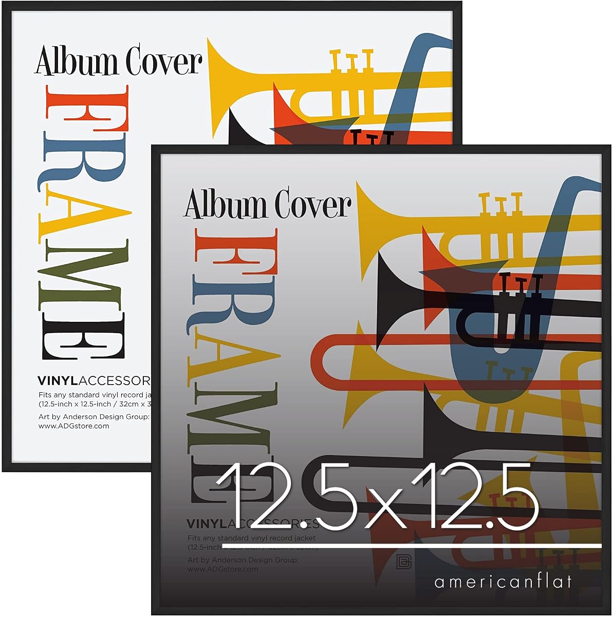 Americanflat 12.5x12.5 Album Frame with Plexiglass - Set of 2 - Record Album Frame for Vinyl LP Covers or Vinyl Records - Brooklyn Portrait Collection - Aluminum Record Frames for Wall - Black