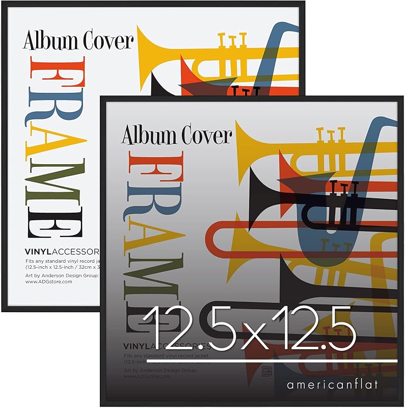 Americanflat 12.5x12.5 Album Frame with Plexiglass - Set of 2 - Record Album Frame for Vinyl LP Covers or Vinyl Records - Brooklyn Portrait Collection - Aluminum Record Frames for Wall - Black