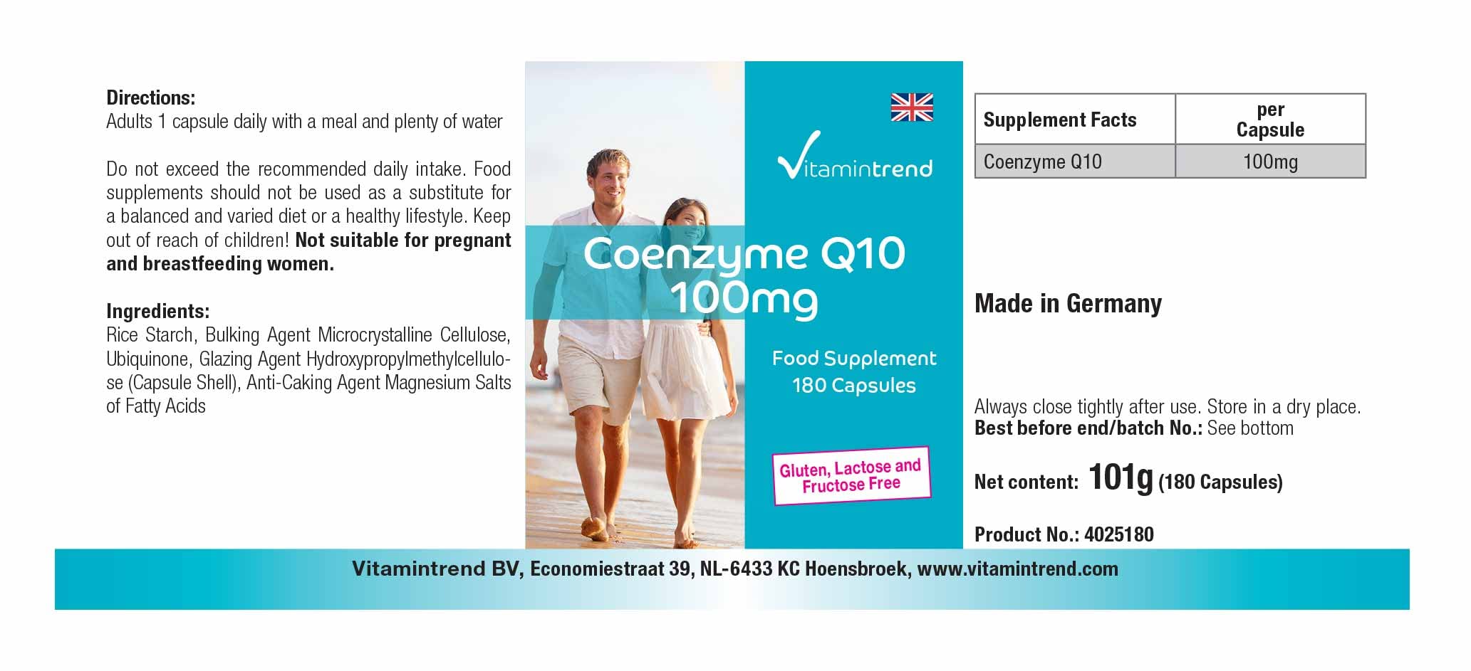 Vitamintrend Coenzima Q10 100 mg, 180 capsule, facili da deglutire, ad alto dosaggio, integratore alimentare vegano senza magnesio stearato, prodotto in Germania