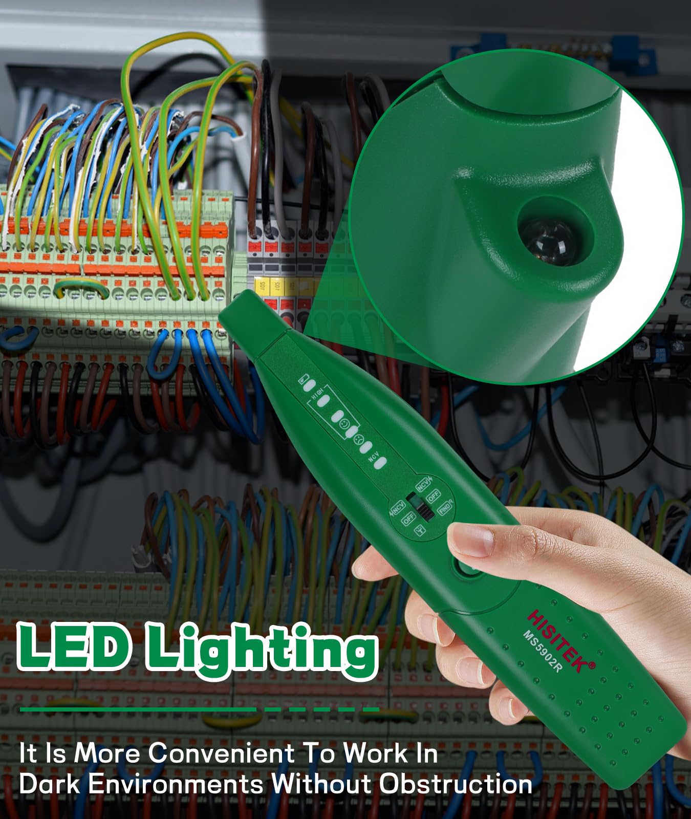 HISITEK – Detector de Cables en Pared, Ajustable Sensibilidad, 110-250 V CA, Linterna LED, Enchufe Europeo - Rastreador y Detector de Cables【Sin batería】