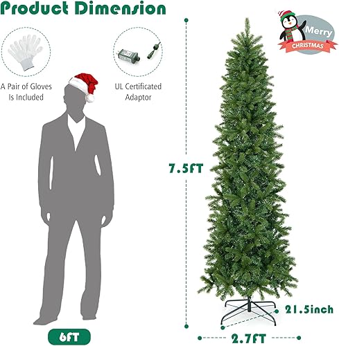 Miniatura 7 de Goplus Árbol de Navidad preiluminado de 7.5 pies, árbol de Navidad artificial delgado con bisagras con 796 puntas de ramas de PVC PE, 350 luces LED,