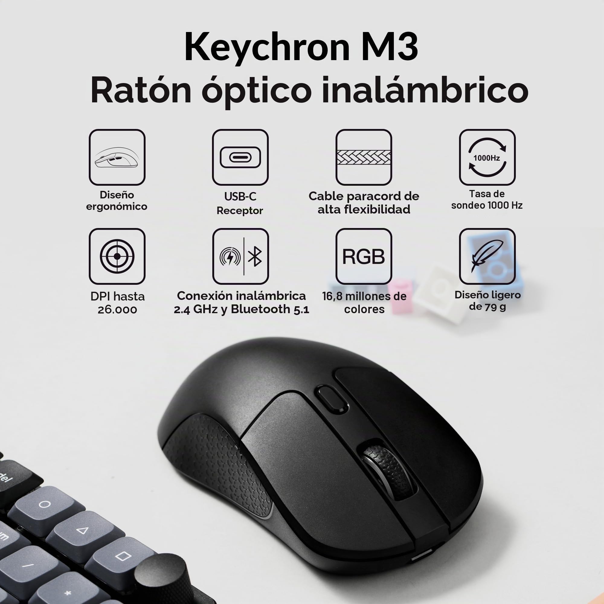 Keychron M3 Ratón Inalámbrico Programable, 2.4 GHz/Bluetooth 5.1 / USB-C, Sensor PAW3395, 26.000 dpi, Retroiluminación RGB, Ultraligero (79 g), Diseño ergonómico, Ratón Gaming para PC y Mac – Negro
