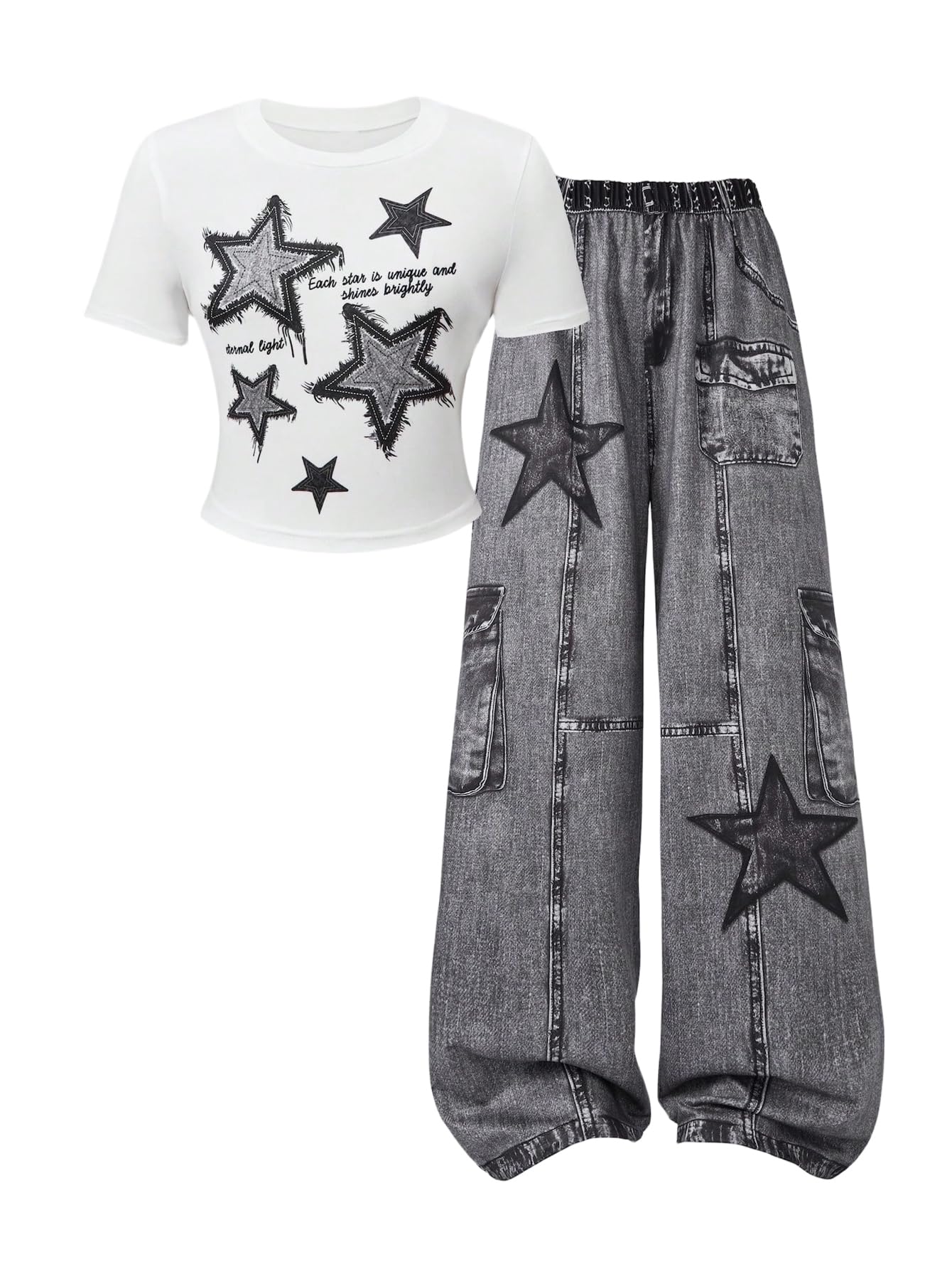 Girl's Y2k Clothes Star Graphic Crop Top and Baggy Pants Grunge 2 Piece Outfit Streetwear