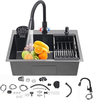 Fregadero de acero inoxidable, 60 x 45 cm, color negro, con grifo extraíble y lavavajillas para tazas, 1 lavabo, incluye tubo de drenaje, dispensador de jabón, cesta colador