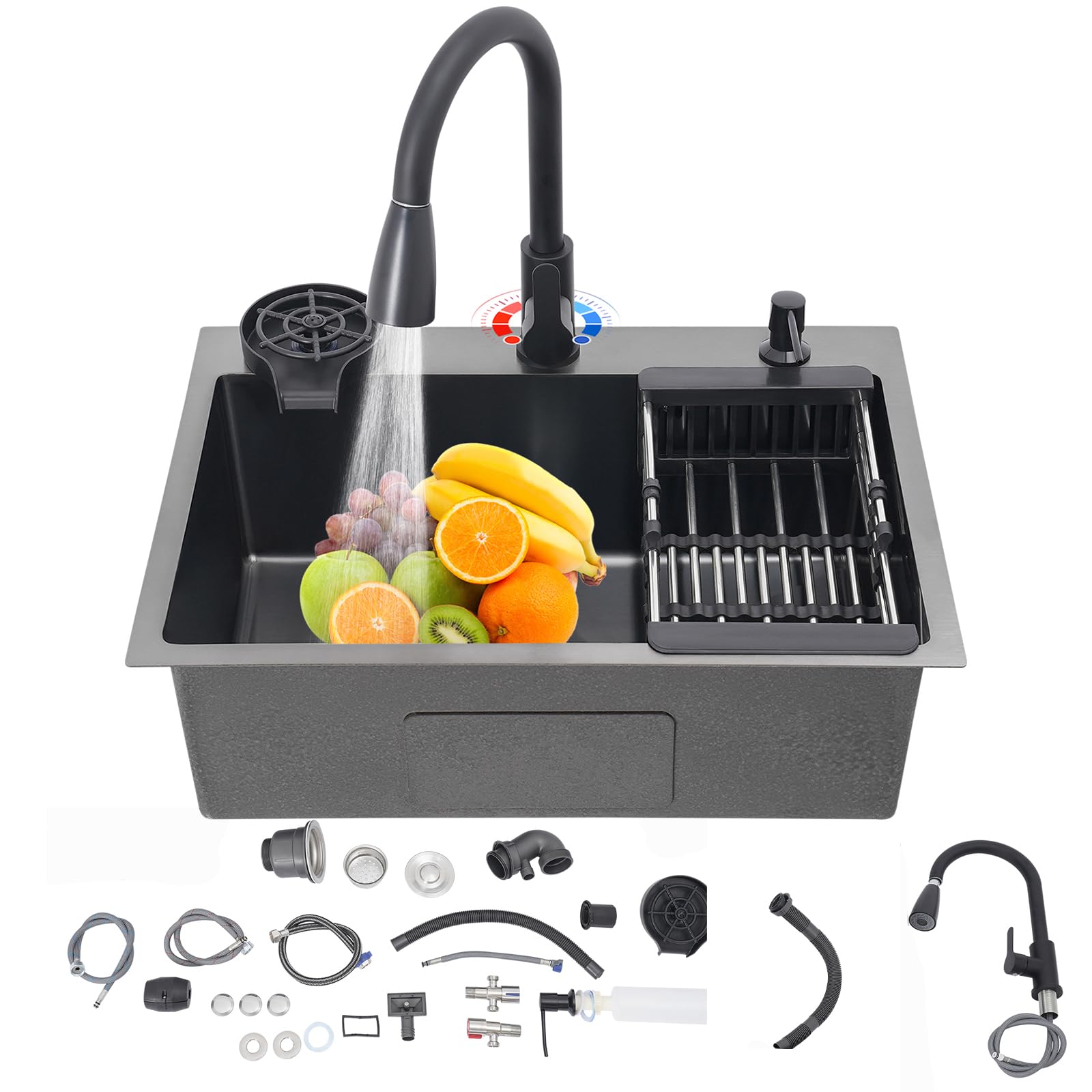 Fregadero de acero inoxidable, 60 x 45 cm, color negro, con grifo extraíble y lavavajillas para tazas, 1 lavabo, incluye tubo de drenaje, dispensador de jabón, cesta colador