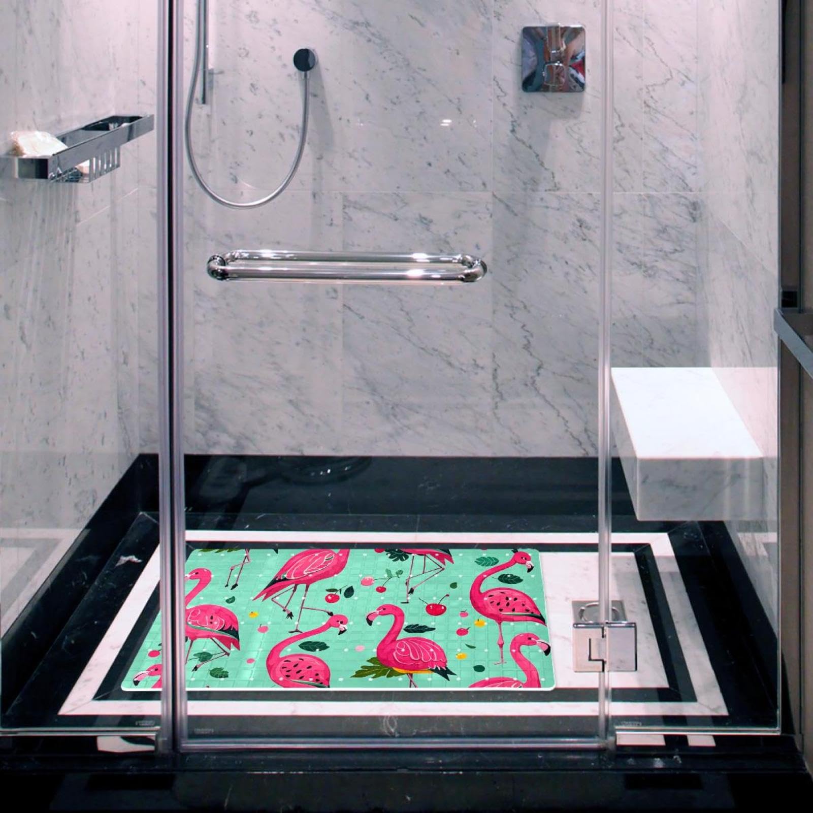 Badematte mit Flamingo-Kirschen-Motiv, rutschfeste PVC-Badewannenmatten für Badezimmer, nasse Duschbereiche (38,5 x 68 cm)