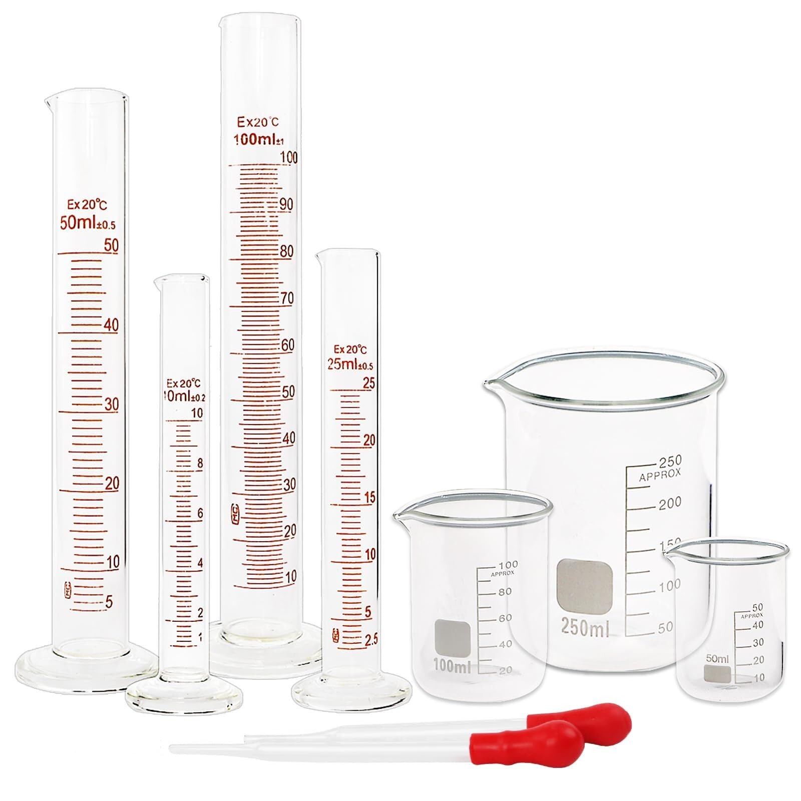 Set di Cilindri Graduati e Becher con Contagocce - Vetro Borosilicato per Laboratorio