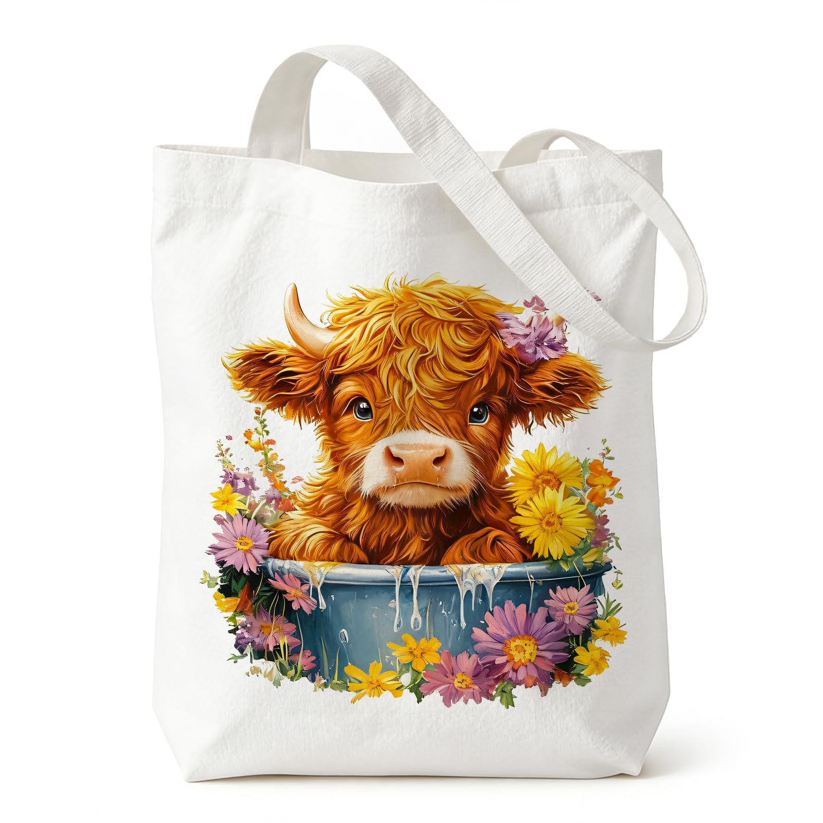zhongko Highland Cow Tote Bag Gifts, Highland Cow Gifts for Women, Animals Farm Themed Canvas Shopping Bag, Sunflower Highlands Cattle Printing Pattern Reusable Bags for School, Work, Travel, Grocery