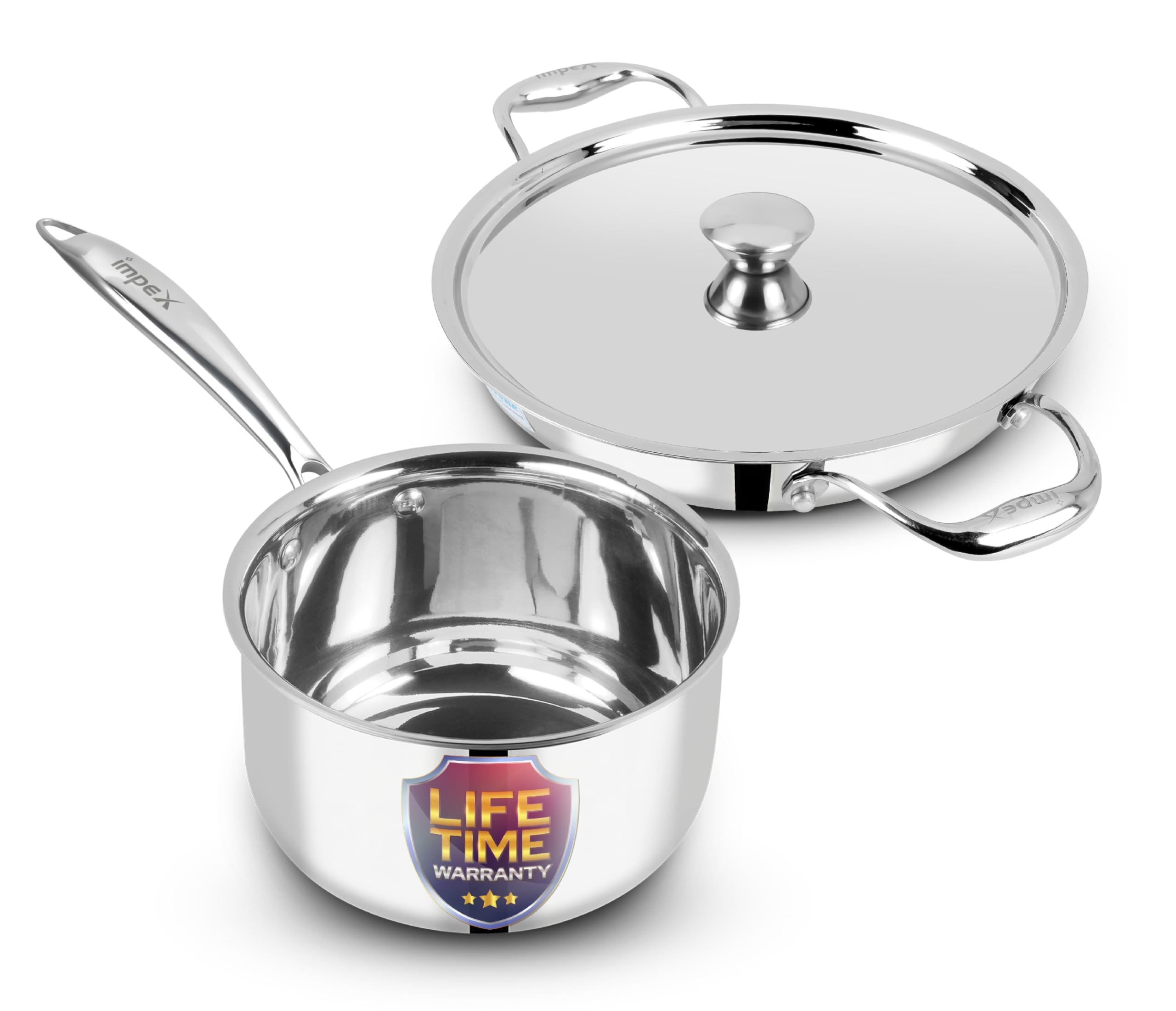 Impex Serene Triply Cookware | 304 Grade Stainless Steel | No PFOA Coating | Lnduction Friendly Cookware, Silver (Kadaipan 20Cm + Milkpan 16Cm), 3 Piece