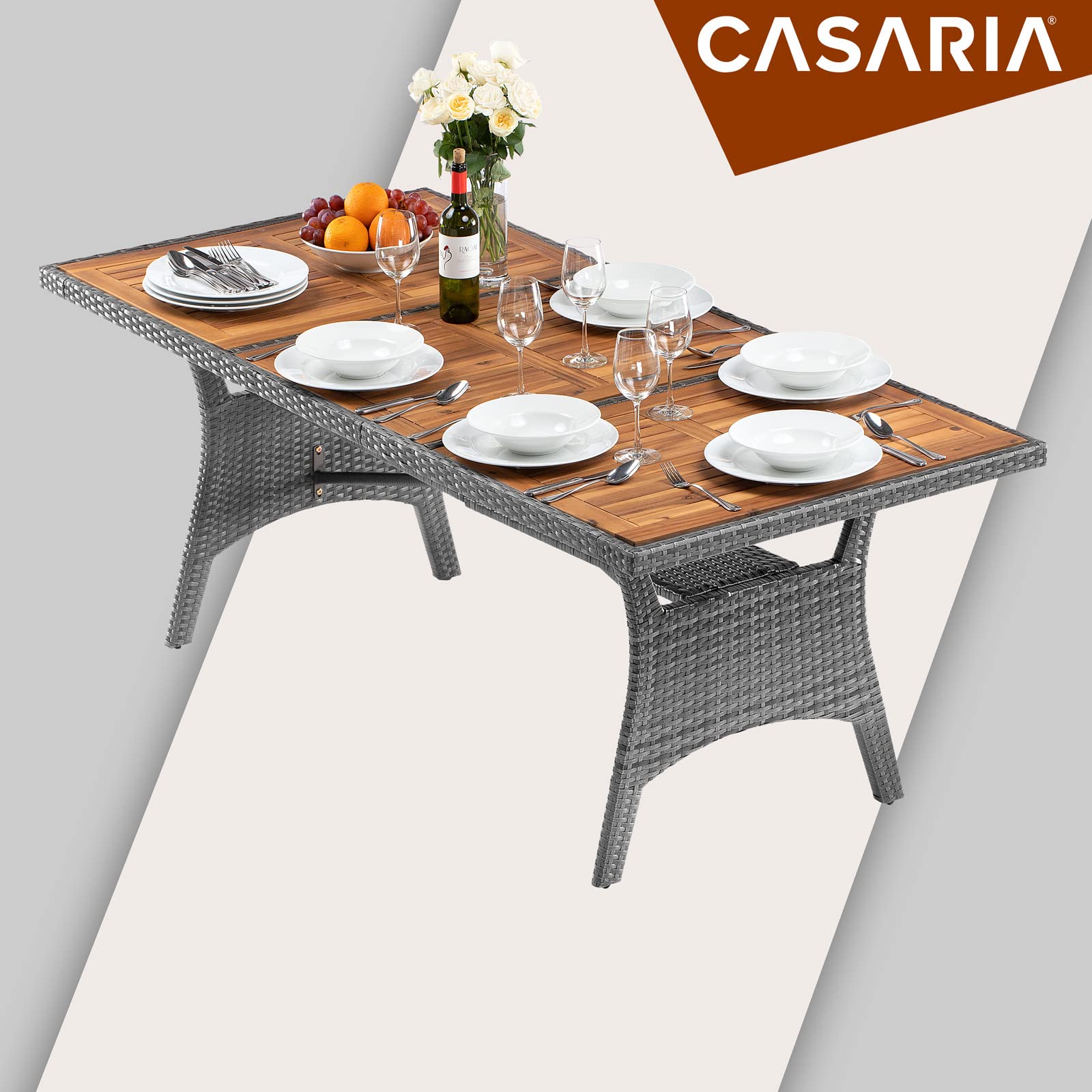Casaria Tavolo da Giardino in Polyrattan Ripiano in Legno di Acacia 190x90x74cm Regolabile in Altezza per Esterno Pranzo Terrazza